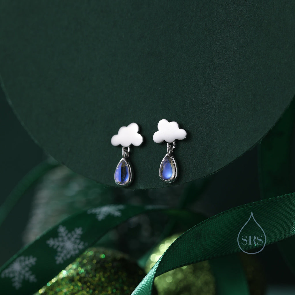 Dainty Cloud and Moonstone Raindrop Stud Earrings in Sterling Silver, Silver or Gold, Cloud Earrings, Moonstone Droplet Earrings