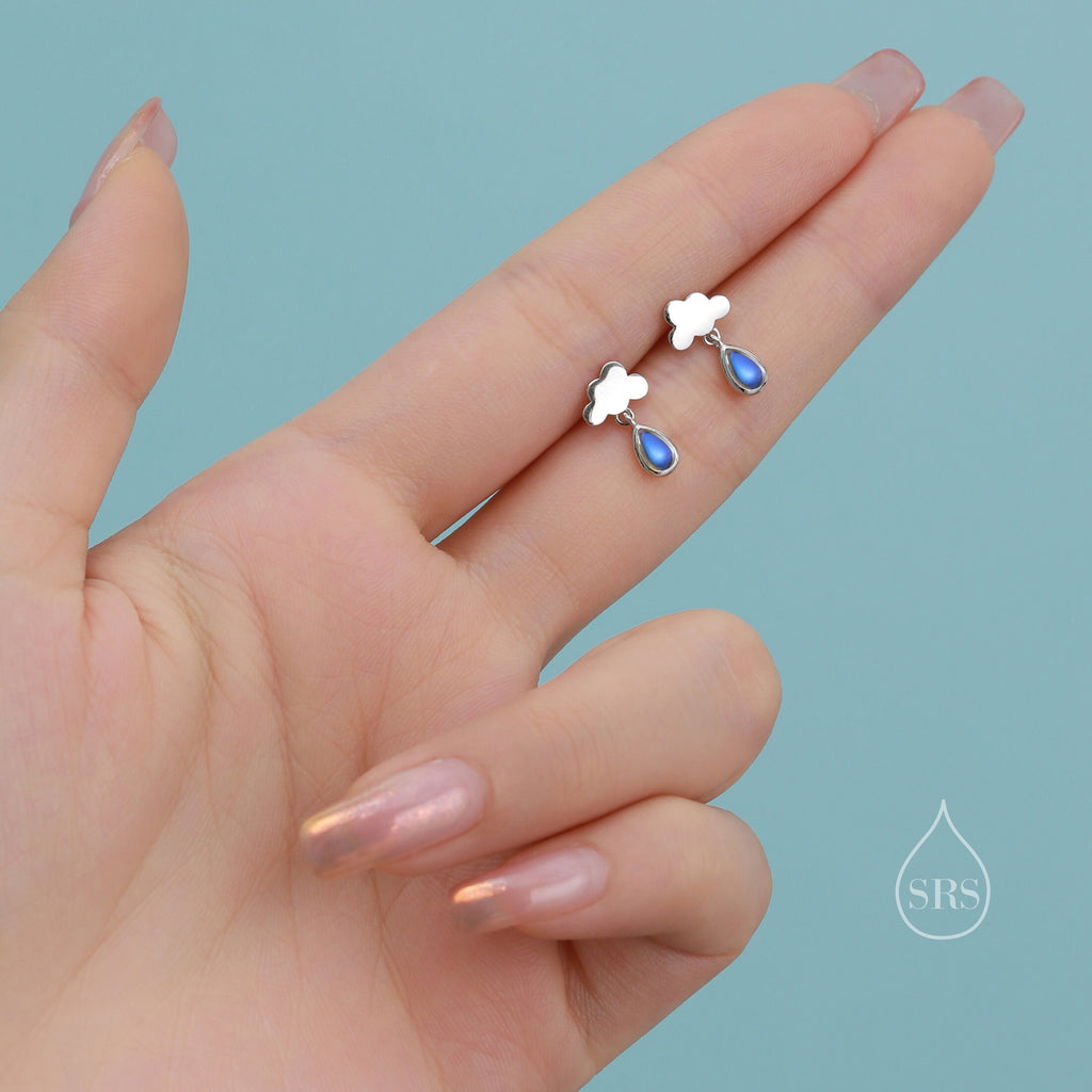 Dainty Cloud and Moonstone Raindrop Stud Earrings in Sterling Silver, Silver or Gold, Cloud Earrings, Moonstone Droplet Earrings