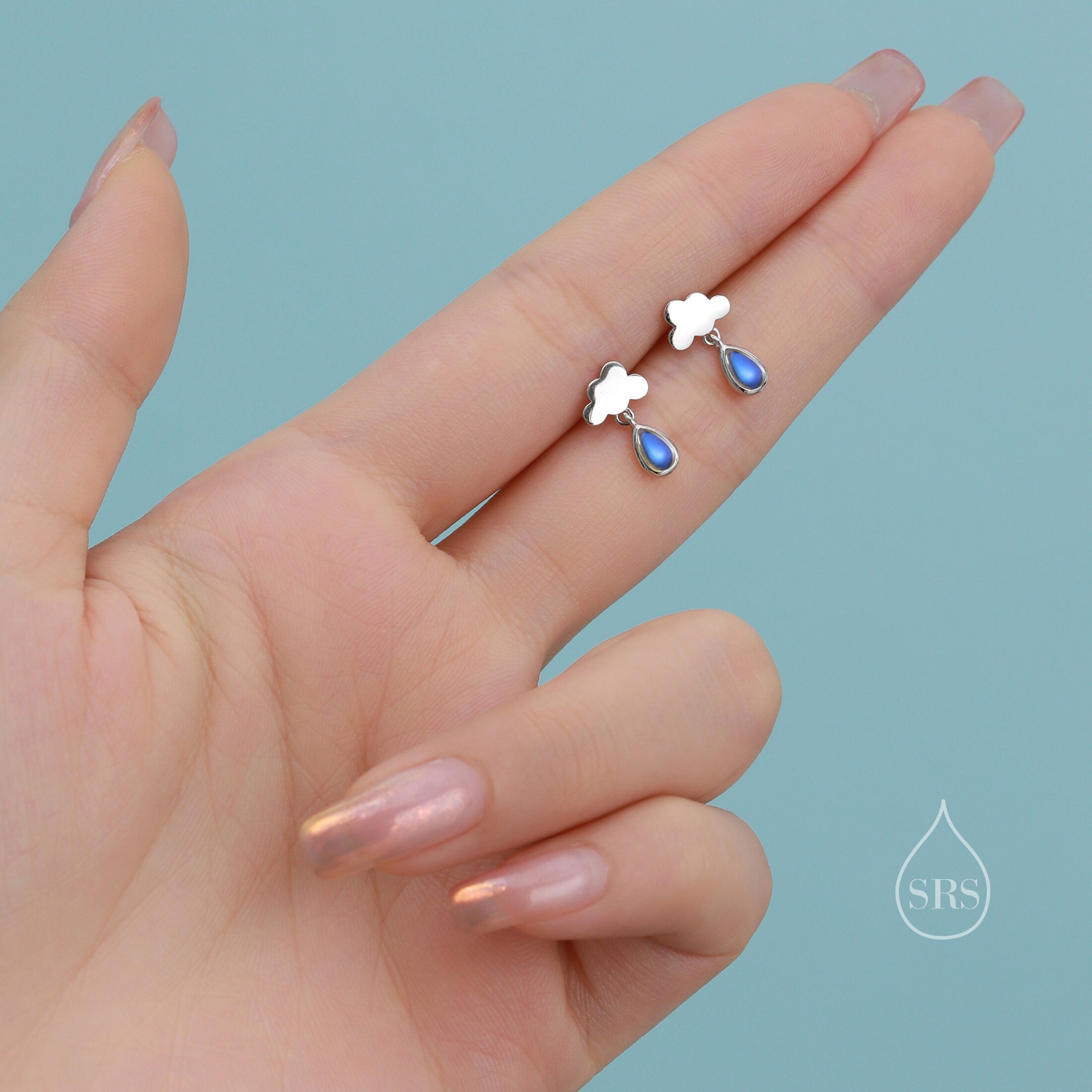 Dainty Cloud and Moonstone Raindrop Stud Earrings in Sterling Silver, Silver or Gold, Cloud Earrings, Moonstone Droplet Earrings