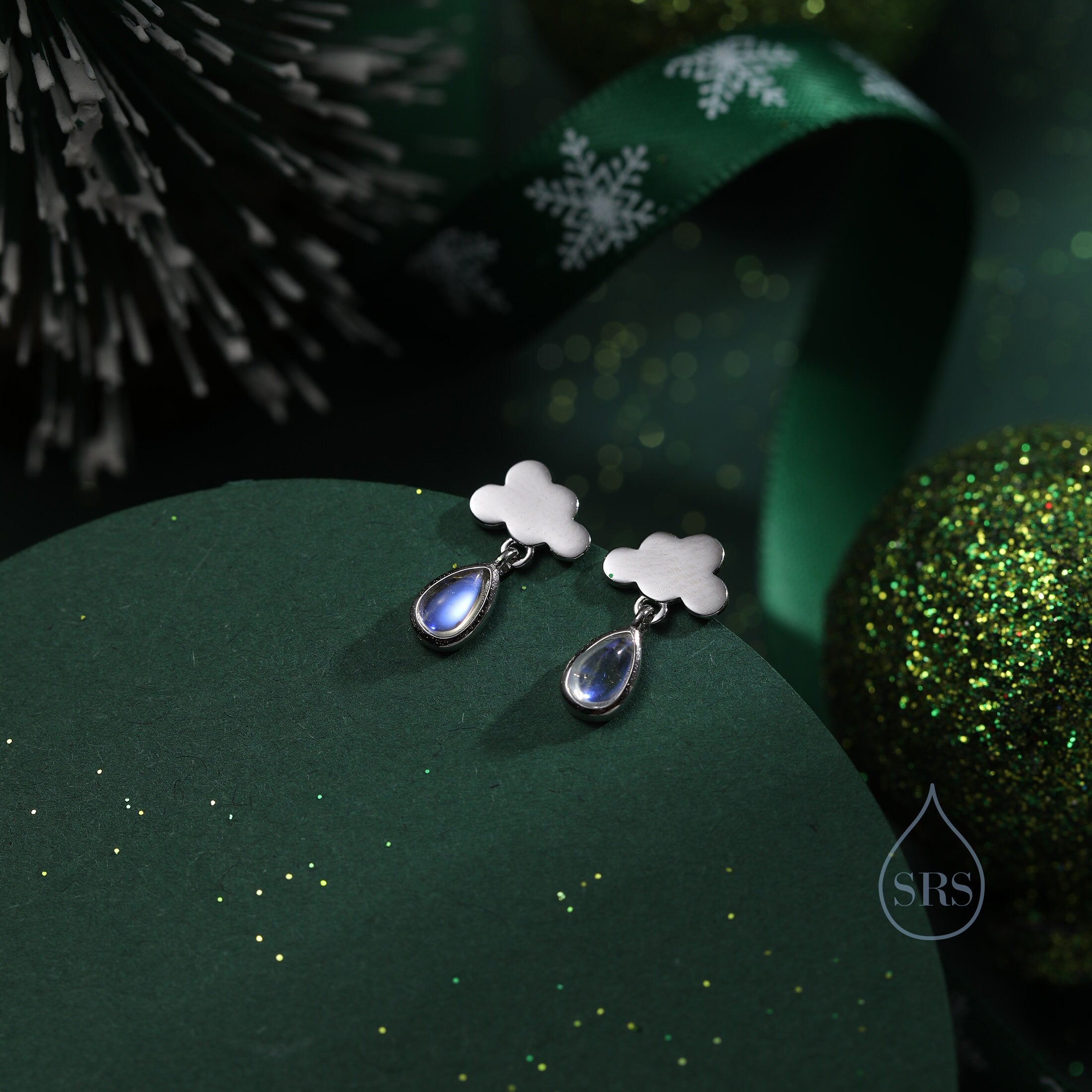 Dainty Cloud and Moonstone Raindrop Stud Earrings in Sterling Silver, Silver or Gold, Cloud Earrings, Moonstone Droplet Earrings