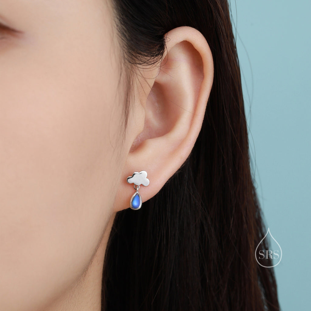 Dainty Cloud and Moonstone Raindrop Stud Earrings in Sterling Silver, Silver or Gold, Cloud Earrings, Moonstone Droplet Earrings