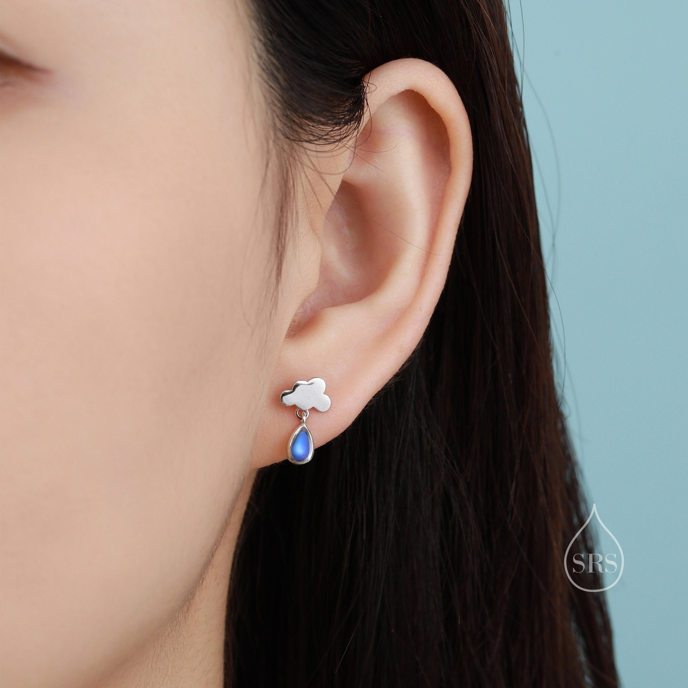 Dainty Cloud and Moonstone Raindrop Stud Earrings in Sterling Silver, Silver or Gold, Cloud Earrings, Moonstone Droplet Earrings
