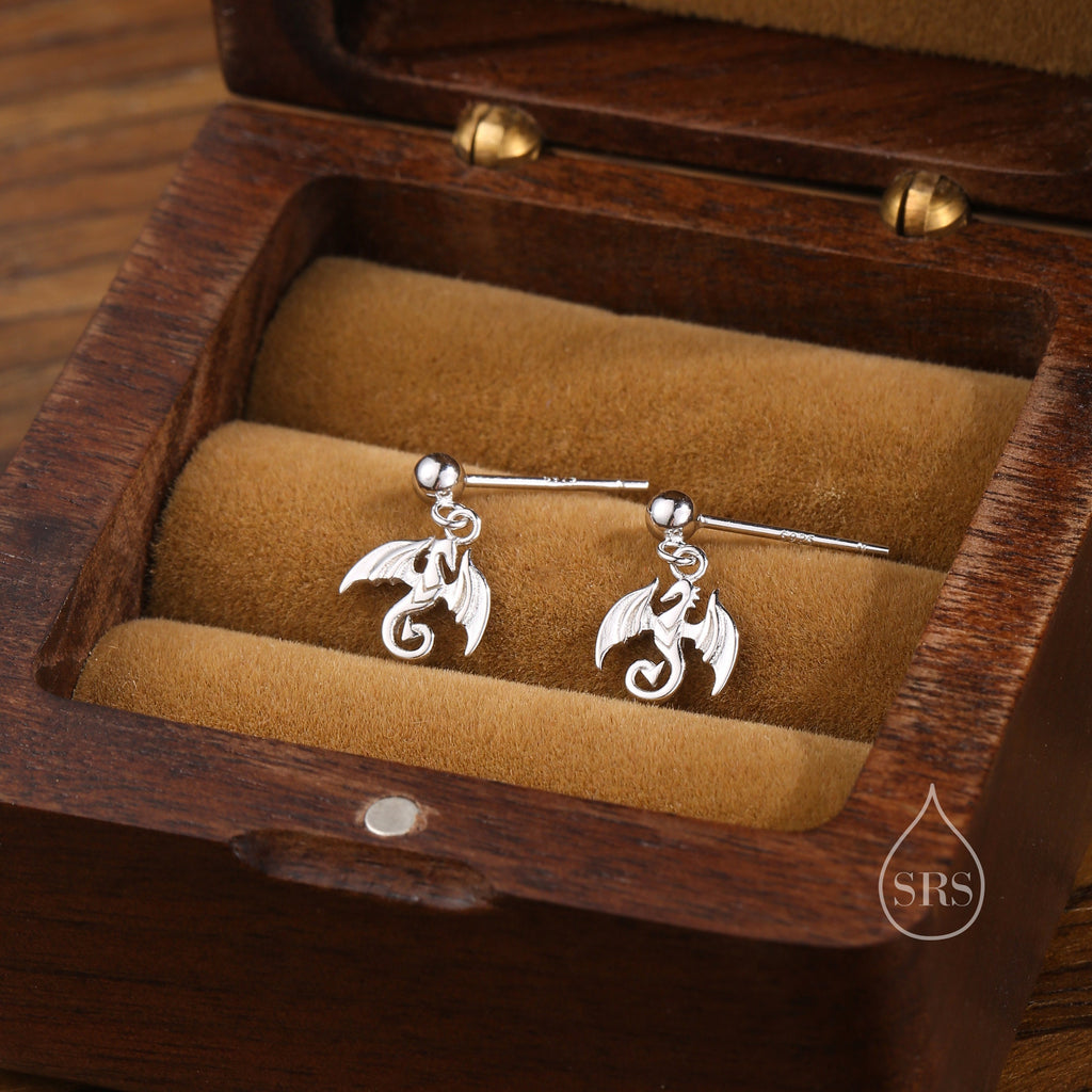 Tiny Dragon Drop Stud Earrings in Sterling Silver, Silver or Gold or Rose Gold, Sterling Silver Dragon Earrings