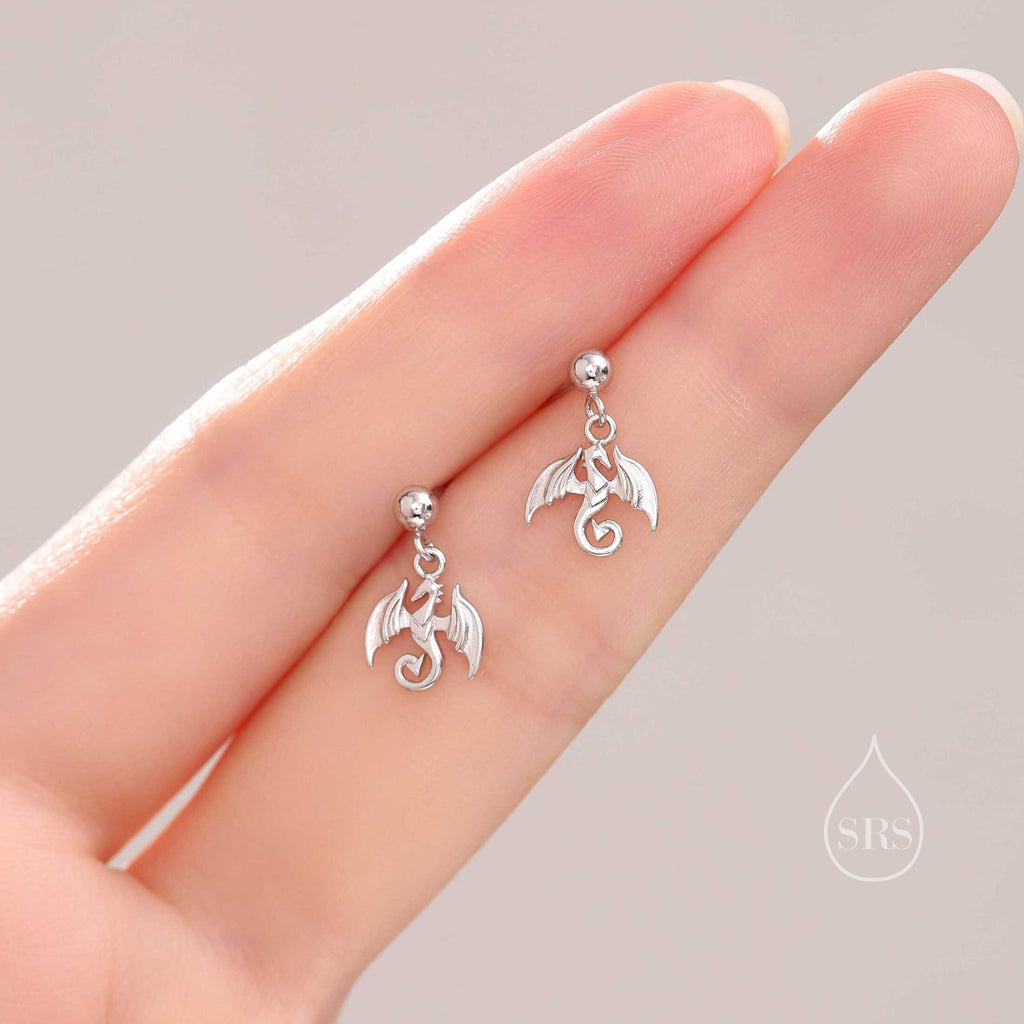 Tiny Dragon Drop Stud Earrings in Sterling Silver, Silver or Gold or Rose Gold, Sterling Silver Dragon Earrings