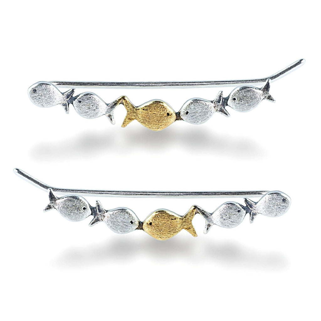 Ear climber Against The Current. Against the tide with one gold fish swimming upstream. Sterling silver fish earrings for her.