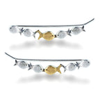 Ear climber Against The Current. Against the tide with one gold fish swimming upstream. Sterling silver fish earrings for her.