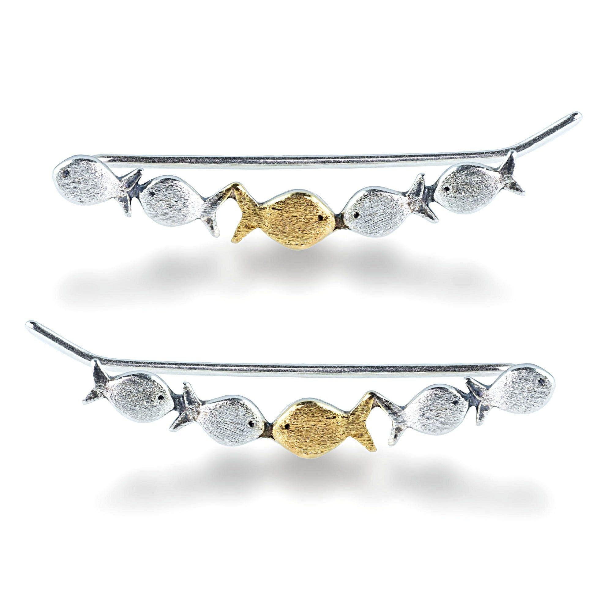 Ear climber Against The Current. Against the tide with one gold fish swimming upstream. Sterling silver fish earrings for her.