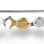 Ear climber Against The Current. Against the tide with one gold fish swimming upstream. Sterling silver fish earrings for her.