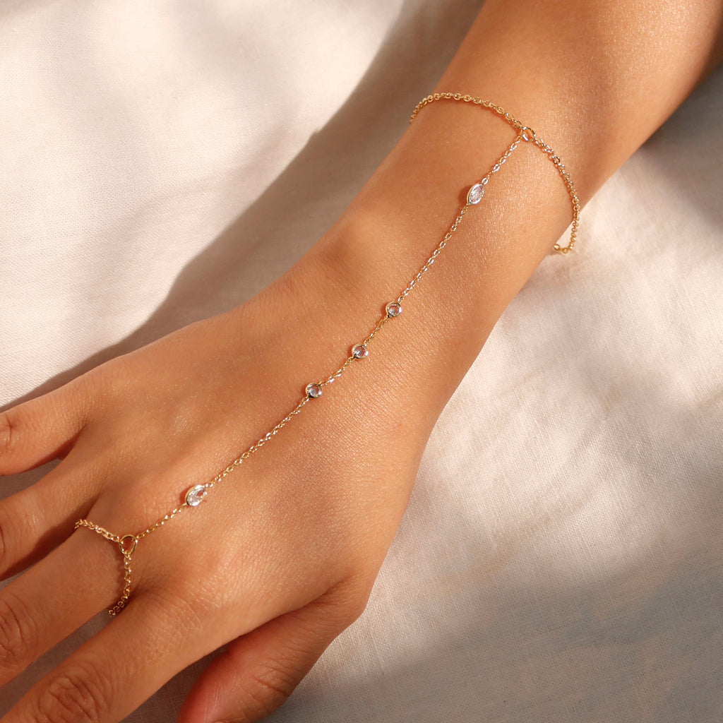 16K Gold Hand Chain Bracelet: Dainty Link Ring Bracelet