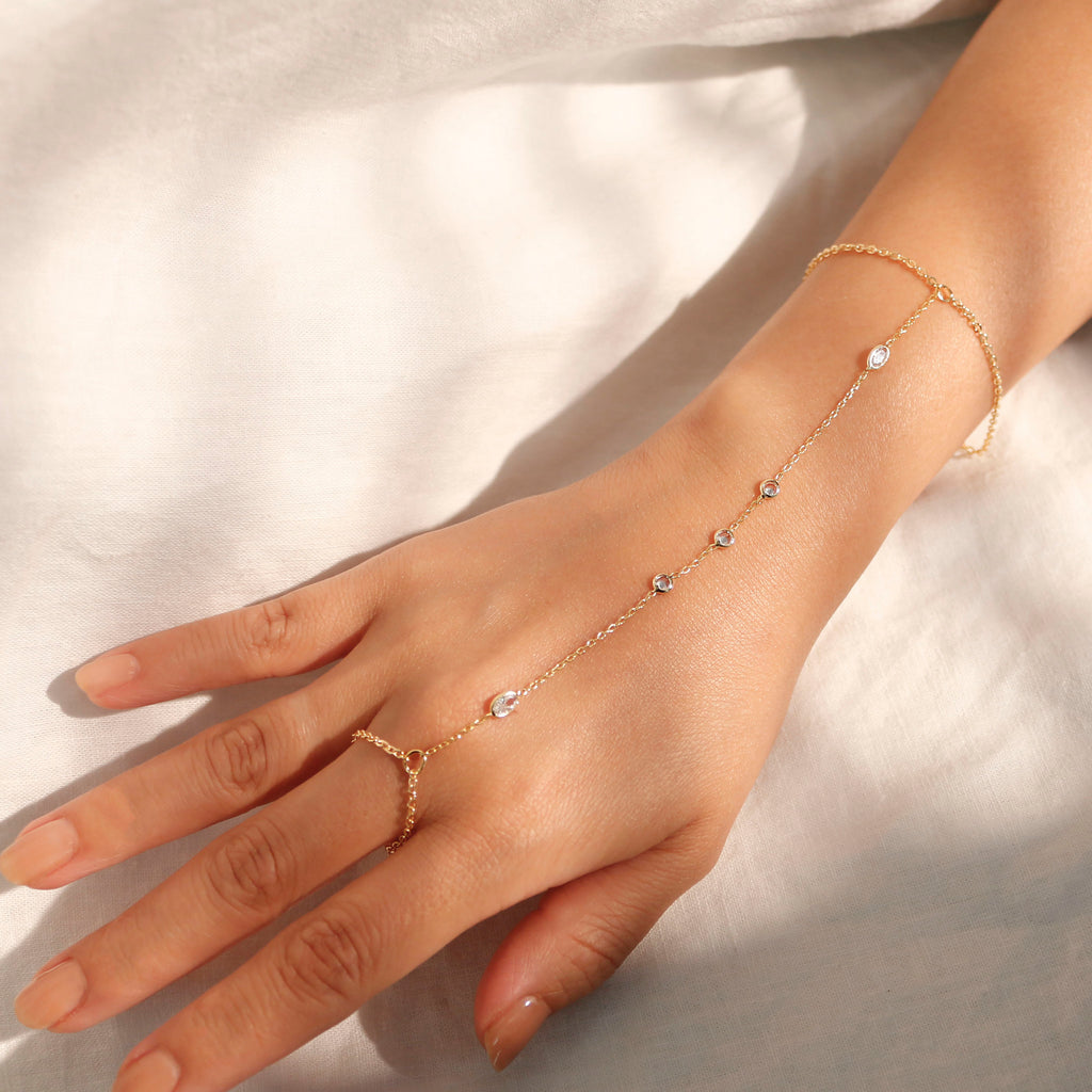 16K Gold Hand Chain Bracelet: Dainty Link Ring Bracelet