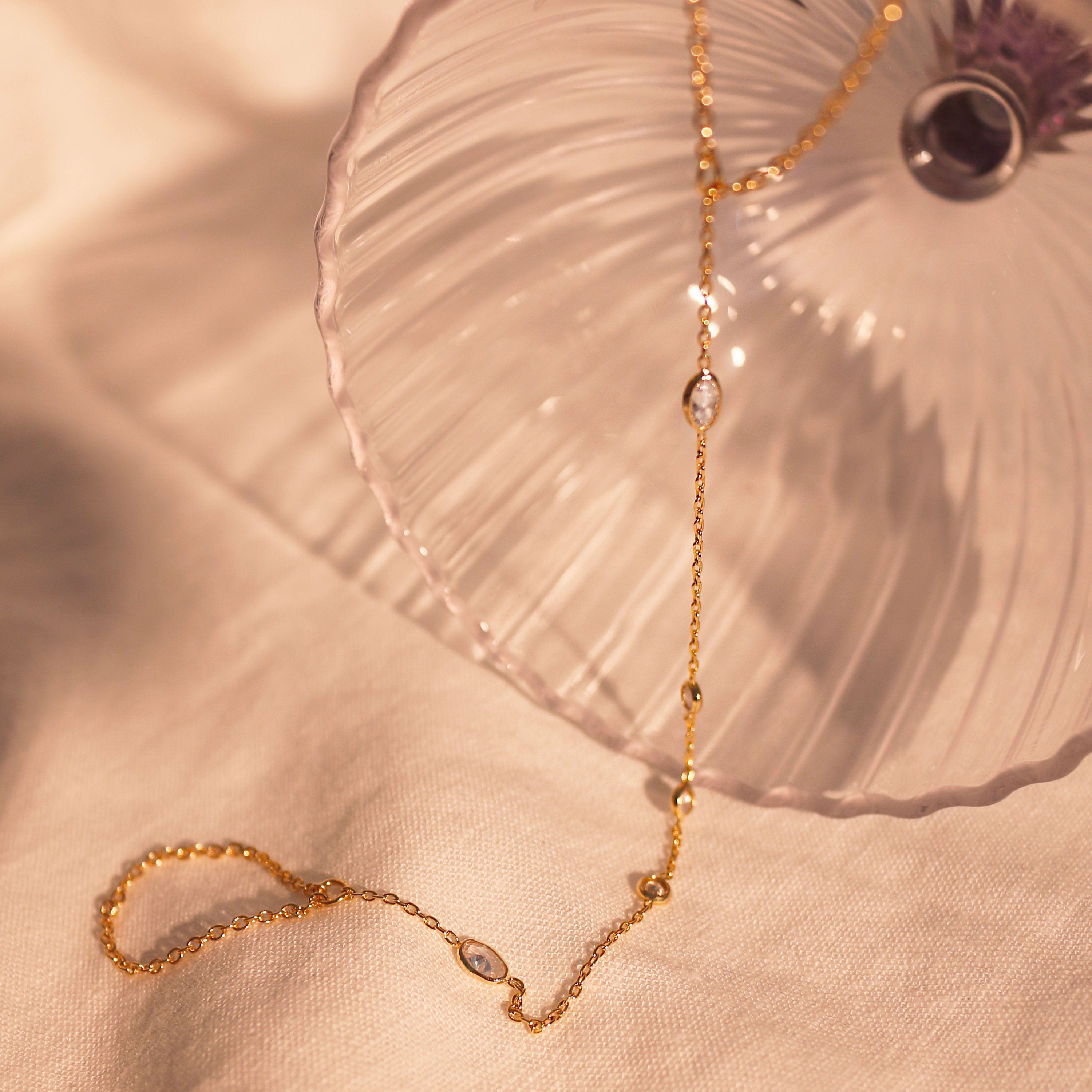 16K Gold Hand Chain Bracelet: Dainty Link Ring Bracelet