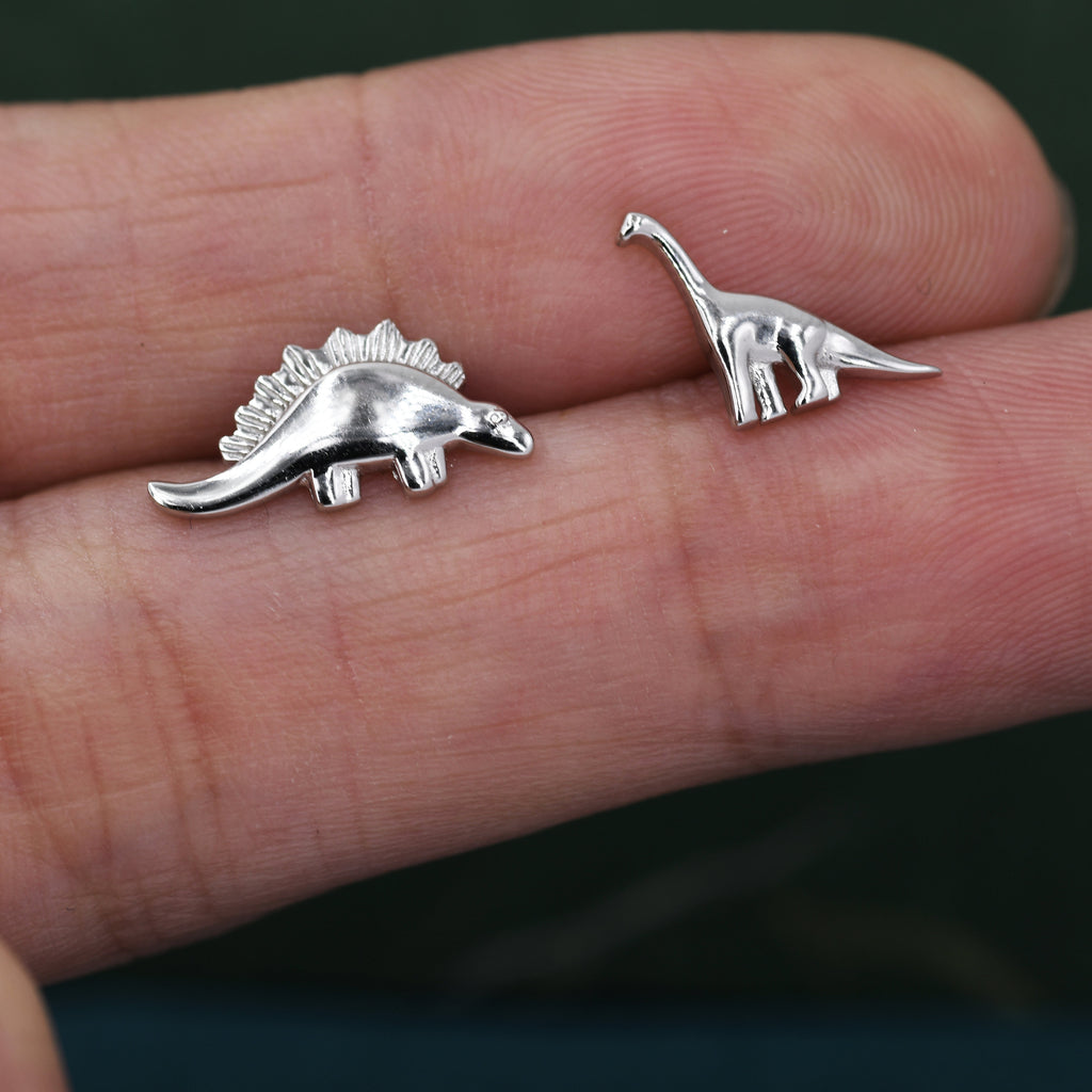 Tiny Mismatched Dinosaur Stud Earrings in Sterling Silver, Silver, Gold or Rose Gold, Asymmetric Stegosaurus and Brachiosaurus Dino Earrings