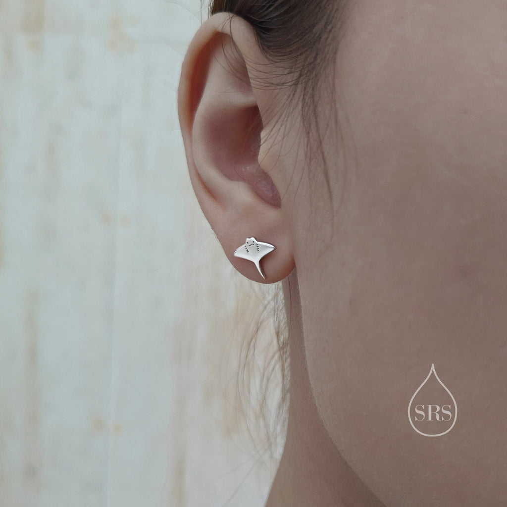 Mismatched Kawaii Hammerhead Shark and Manta Ray Stud Earrings in Sterling Silver, Silver or Gold or Rose Gold,  Asymmetric Fish Earrings