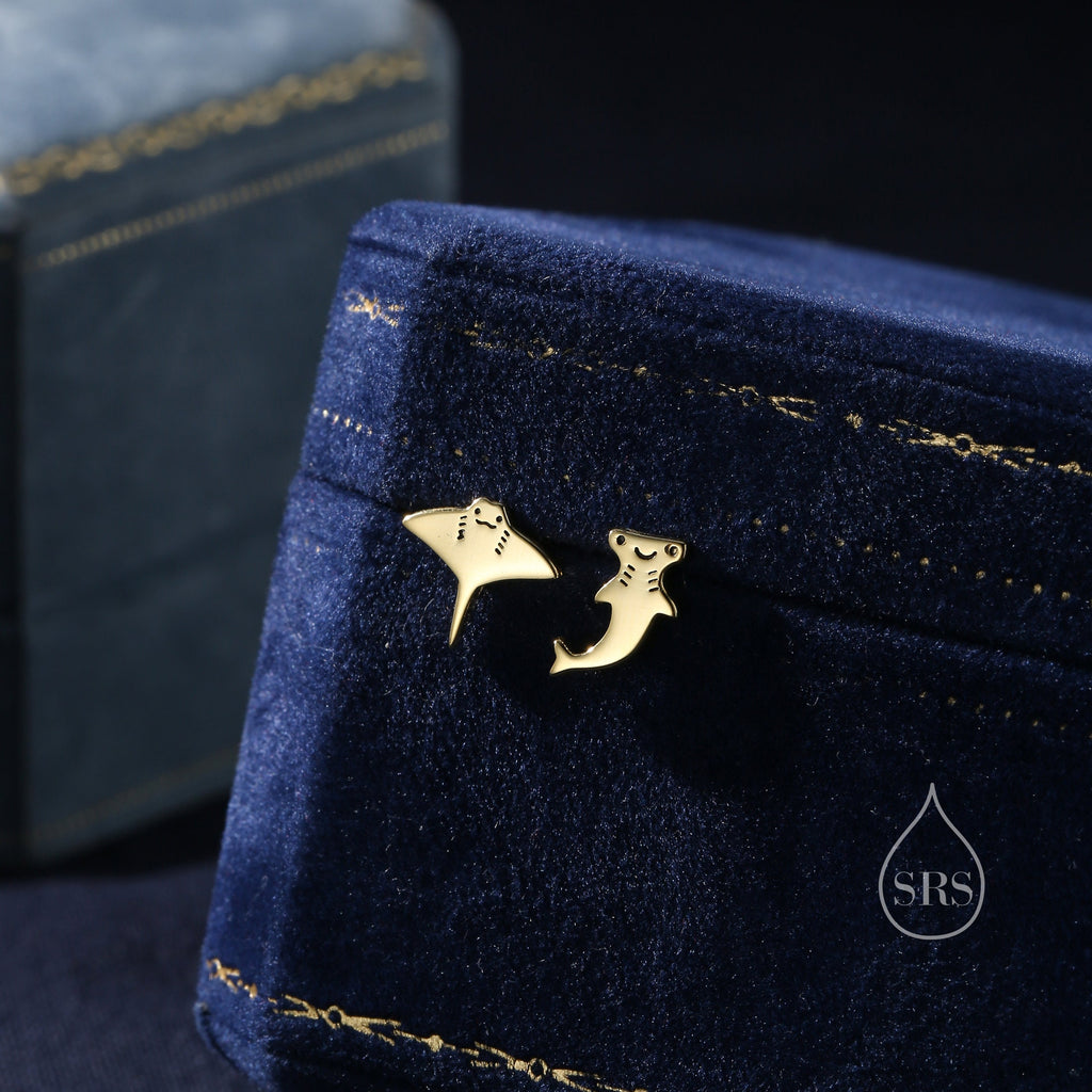 Mismatched Kawaii Hammerhead Shark and Manta Ray Stud Earrings in Sterling Silver, Silver or Gold or Rose Gold,  Asymmetric Fish Earrings