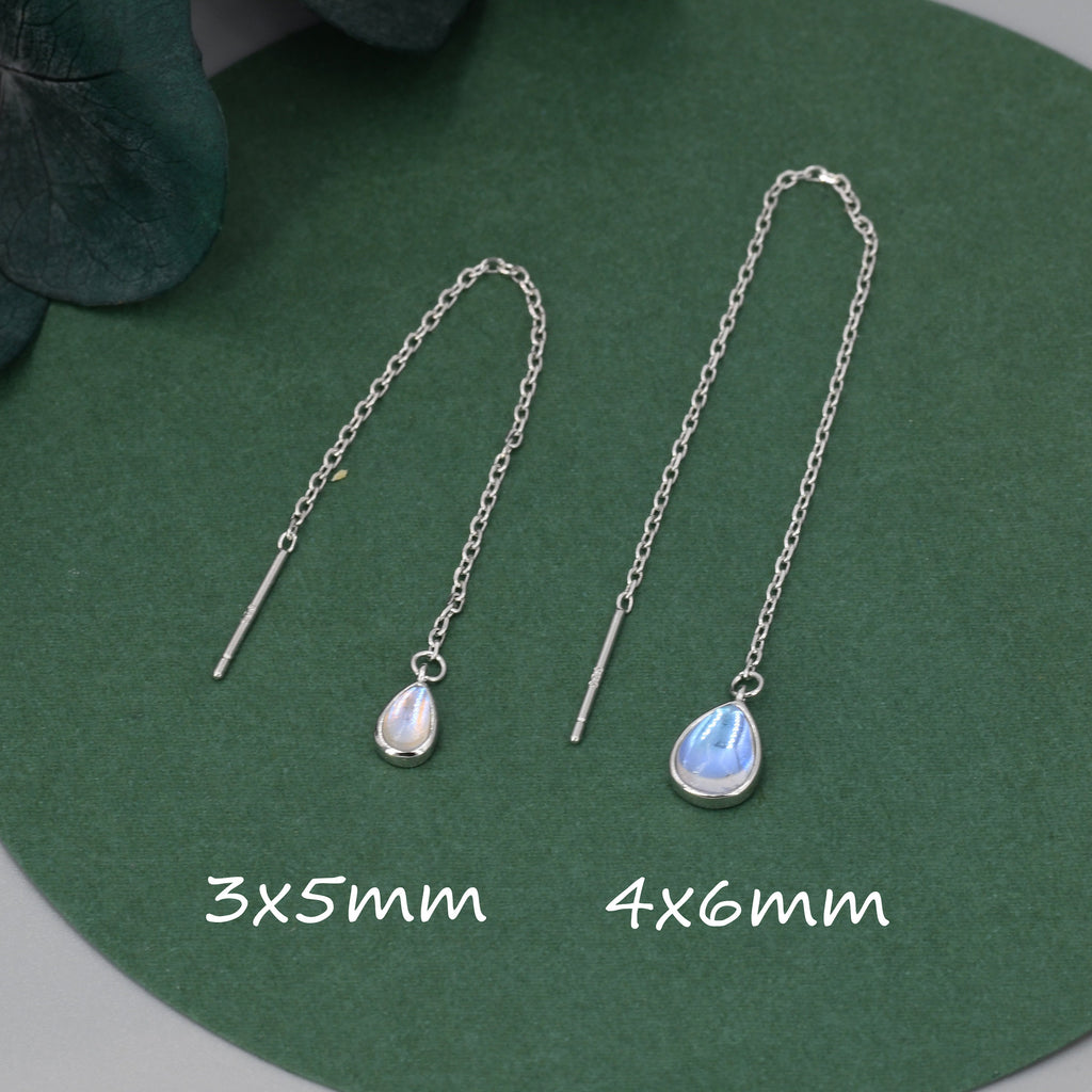 Sterling Silver Droplet Ear Threader Earrings, Available in 2 sizes, Aurora Moonstone Drop Earrings, Geometric Minimalist Jewellery