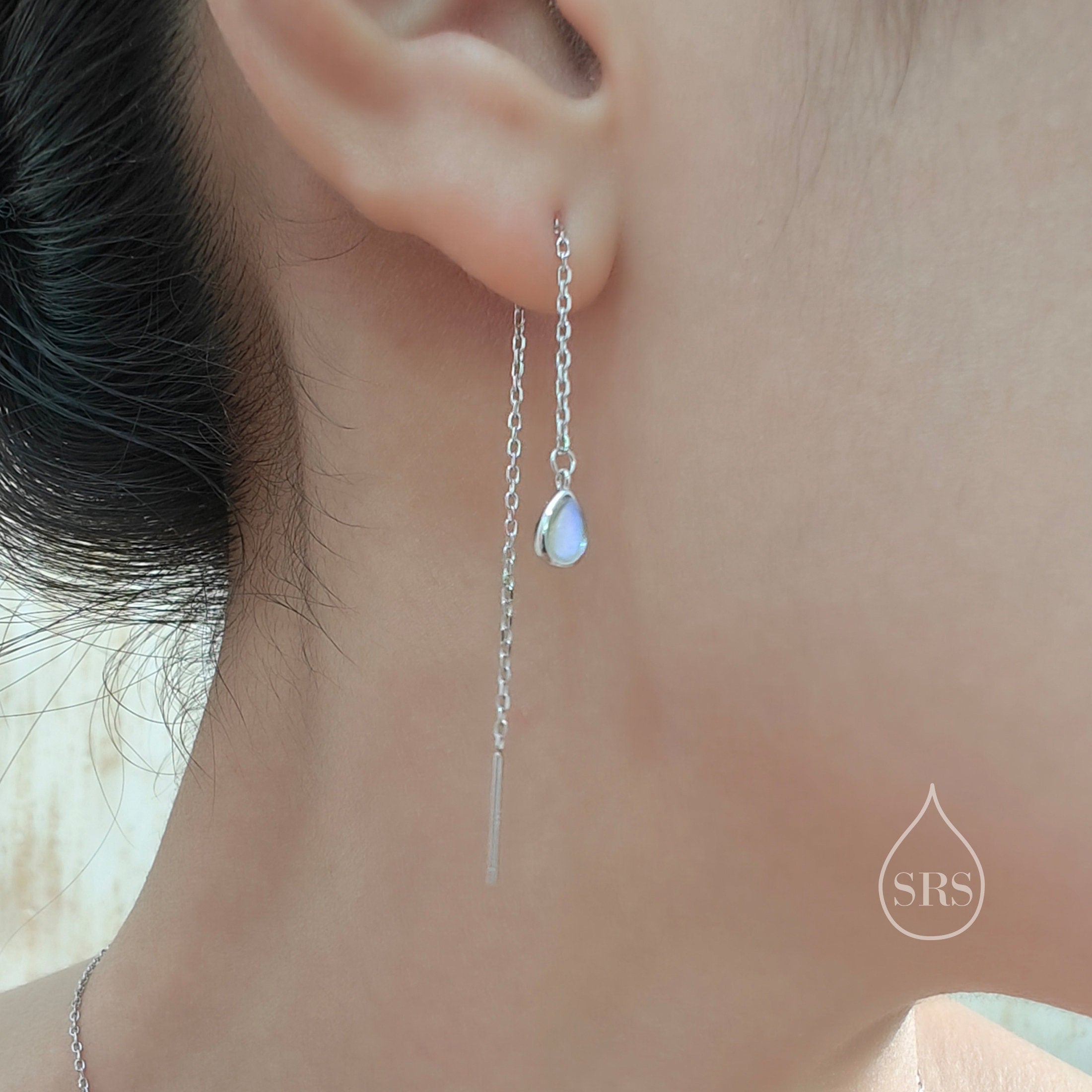 Sterling Silver Droplet Ear Threader Earrings, Available in 2 sizes, Aurora Moonstone Drop Earrings, Geometric Minimalist Jewellery