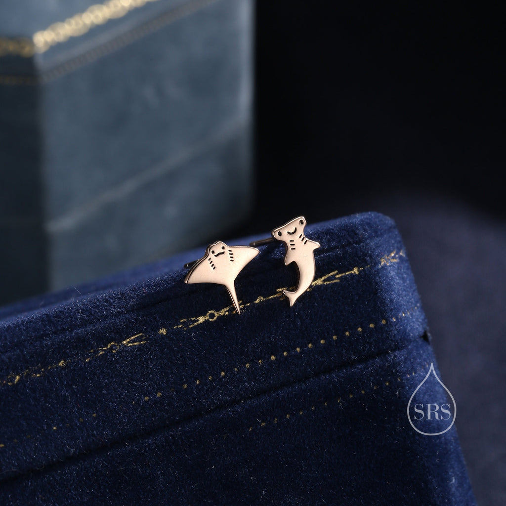 Mismatched Kawaii Hammerhead Shark and Manta Ray Stud Earrings in Sterling Silver, Silver or Gold or Rose Gold,  Asymmetric Fish Earrings