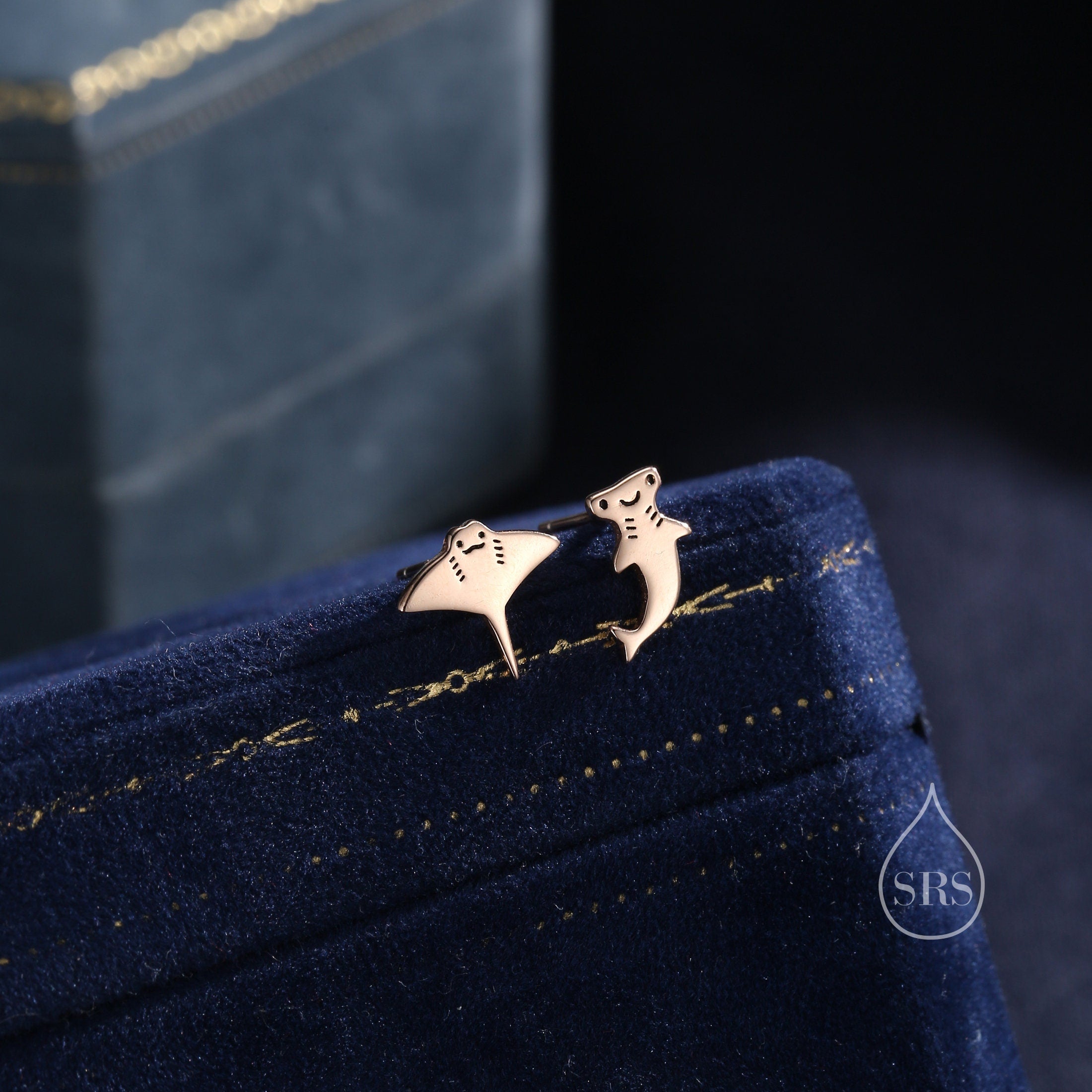 Mismatched Kawaii Hammerhead Shark and Manta Ray Stud Earrings in Sterling Silver, Silver or Gold or Rose Gold,  Asymmetric Fish Earrings