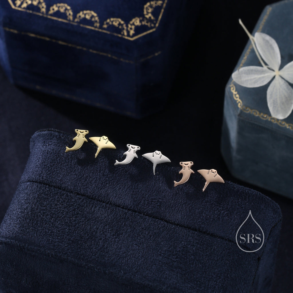 Mismatched Kawaii Hammerhead Shark and Manta Ray Stud Earrings in Sterling Silver, Silver or Gold or Rose Gold,  Asymmetric Fish Earrings