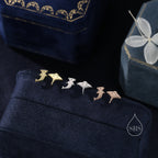 Mismatched Kawaii Hammerhead Shark and Manta Ray Stud Earrings in Sterling Silver, Silver or Gold or Rose Gold,  Asymmetric Fish Earrings