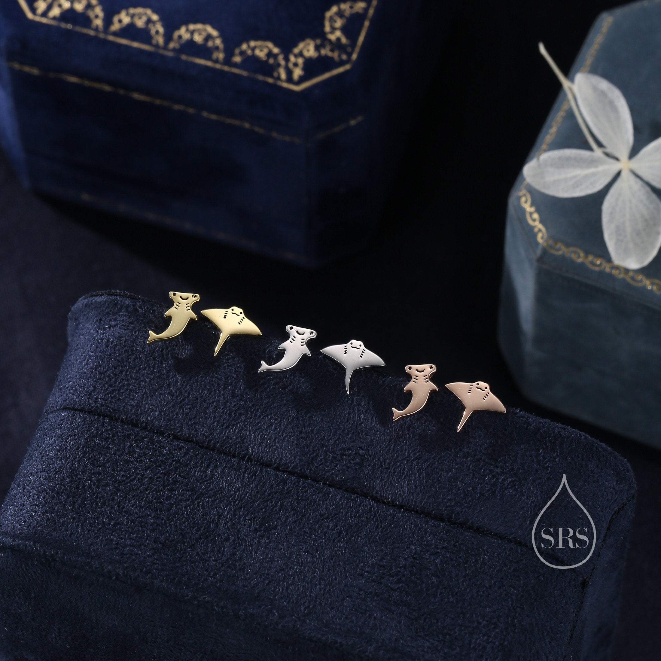 Mismatched Kawaii Hammerhead Shark and Manta Ray Stud Earrings in Sterling Silver, Silver or Gold or Rose Gold,  Asymmetric Fish Earrings