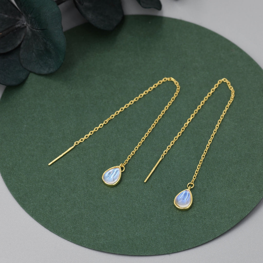 Sterling Silver Droplet Ear Threader Earrings, Available in 2 sizes, Aurora Moonstone Drop Earrings, Geometric Minimalist Jewellery