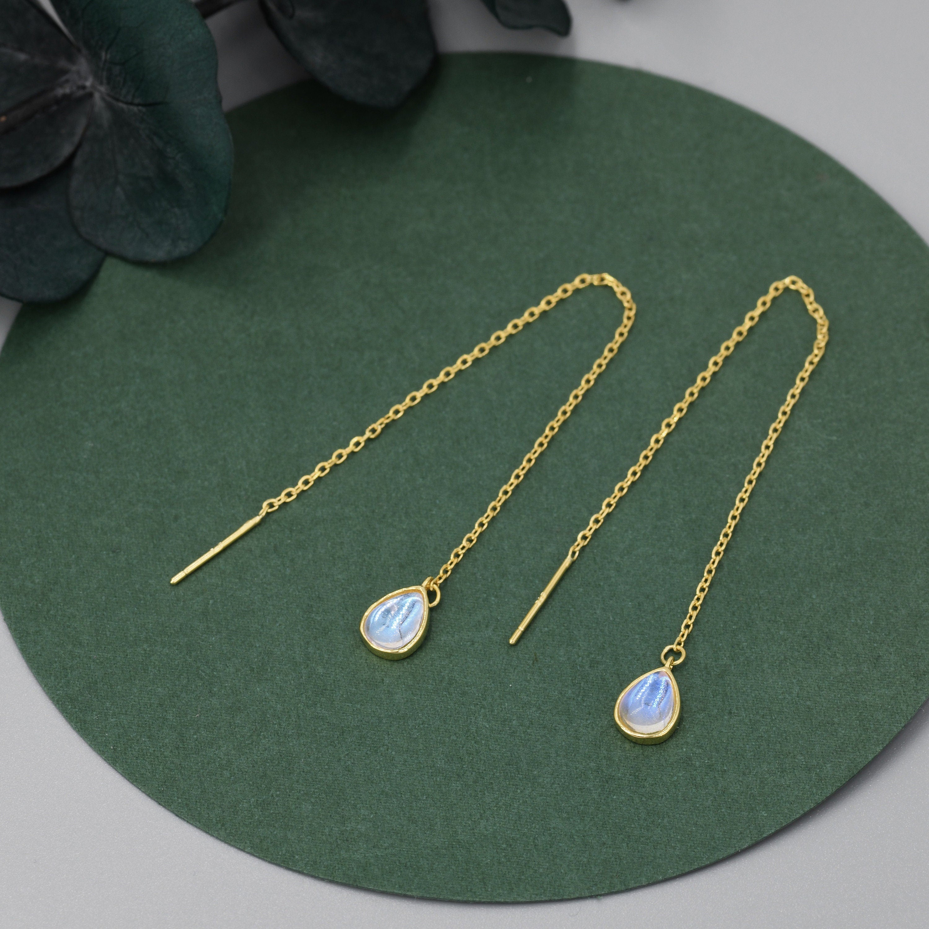 Sterling Silver Droplet Ear Threader Earrings, Available in 2 sizes, Aurora Moonstone Drop Earrings, Geometric Minimalist Jewellery