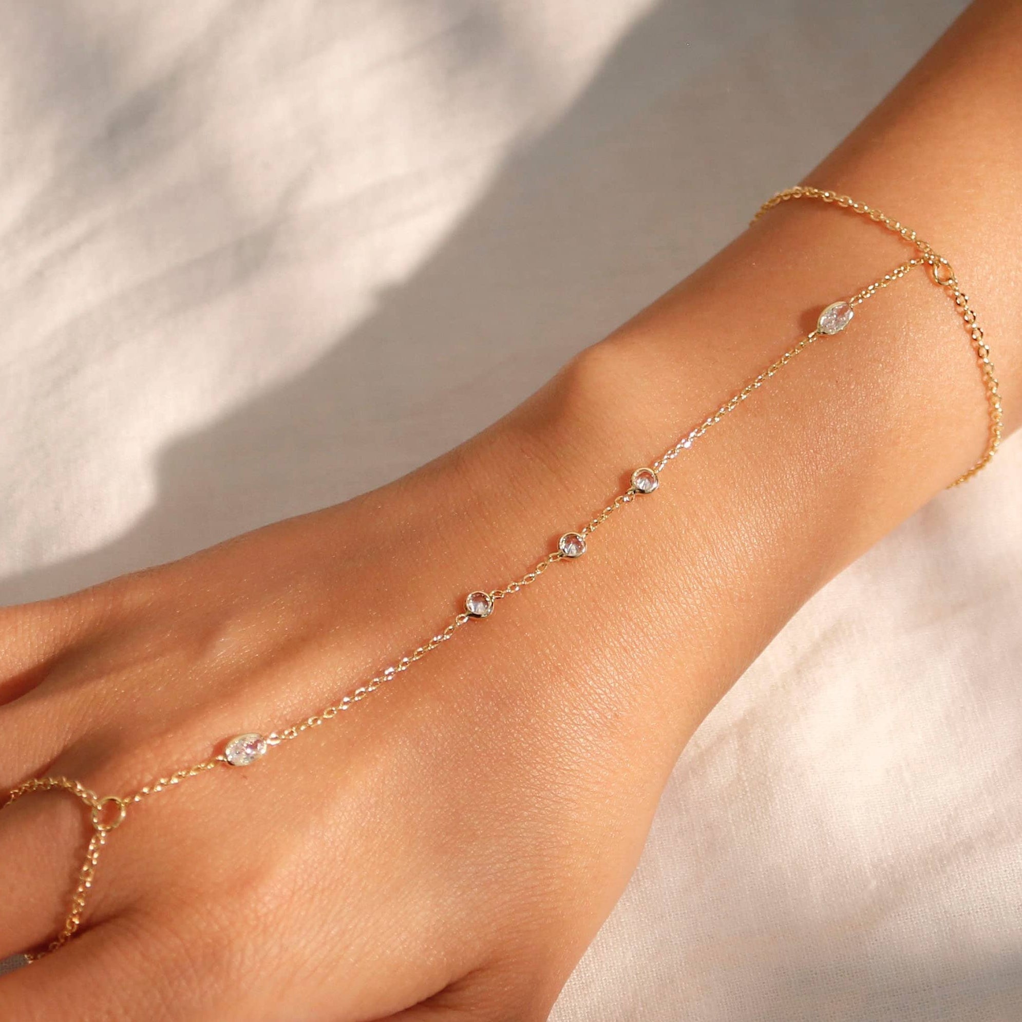 16K Gold Hand Chain Bracelet: Dainty Link Ring Bracelet