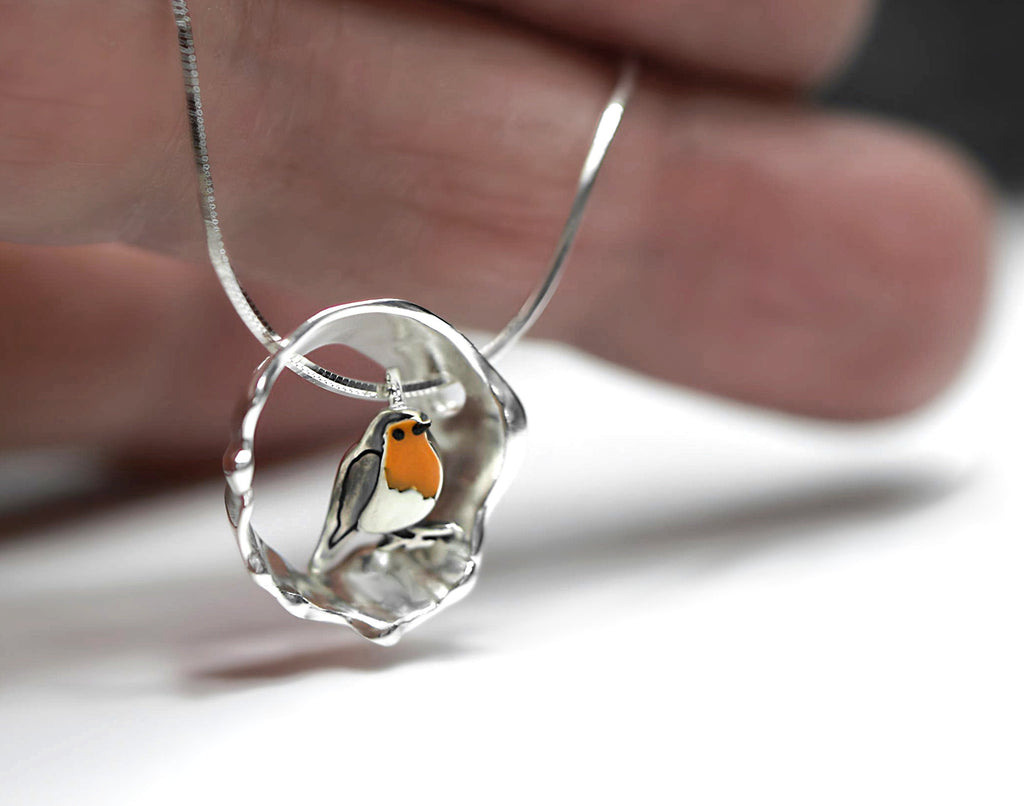 Red Robin bird necklace. Sterling silver and enamel. Nature inspired unique necklace for her.