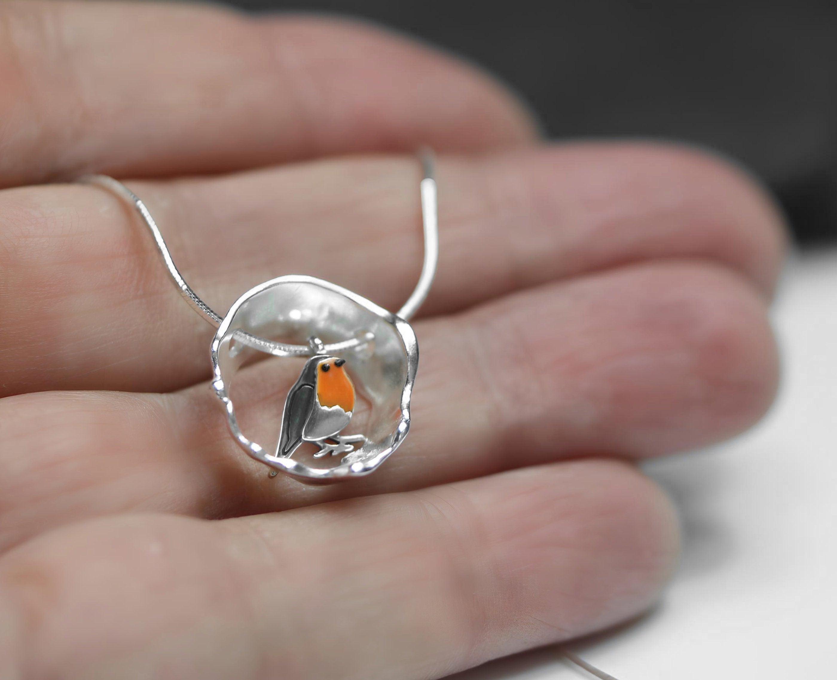 Red Robin bird necklace. Sterling silver and enamel. Nature inspired unique necklace for her.
