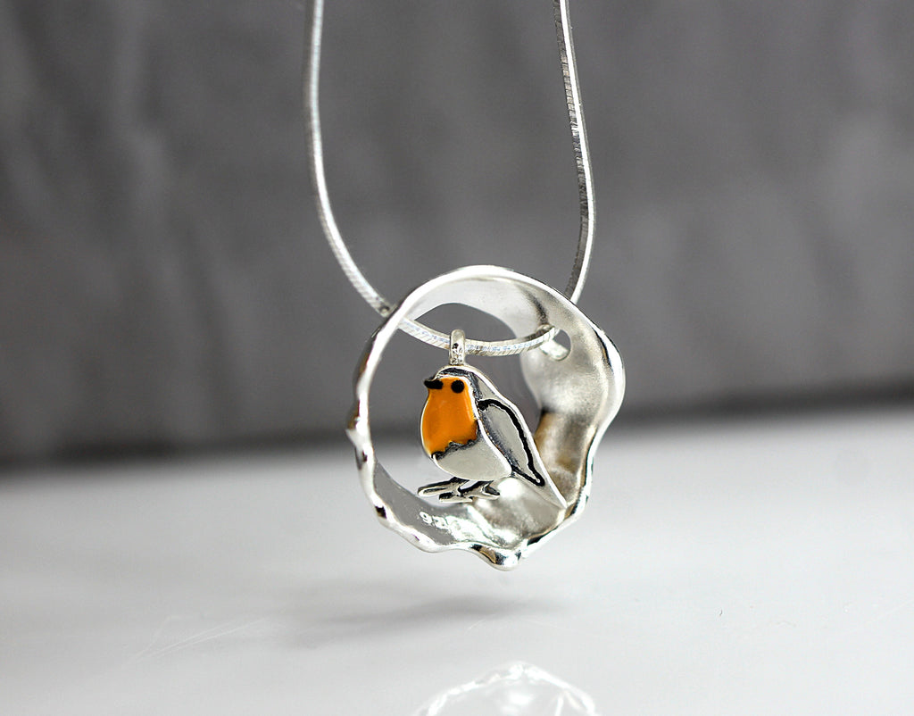 Red Robin bird necklace. Sterling silver and enamel. Nature inspired unique necklace for her.