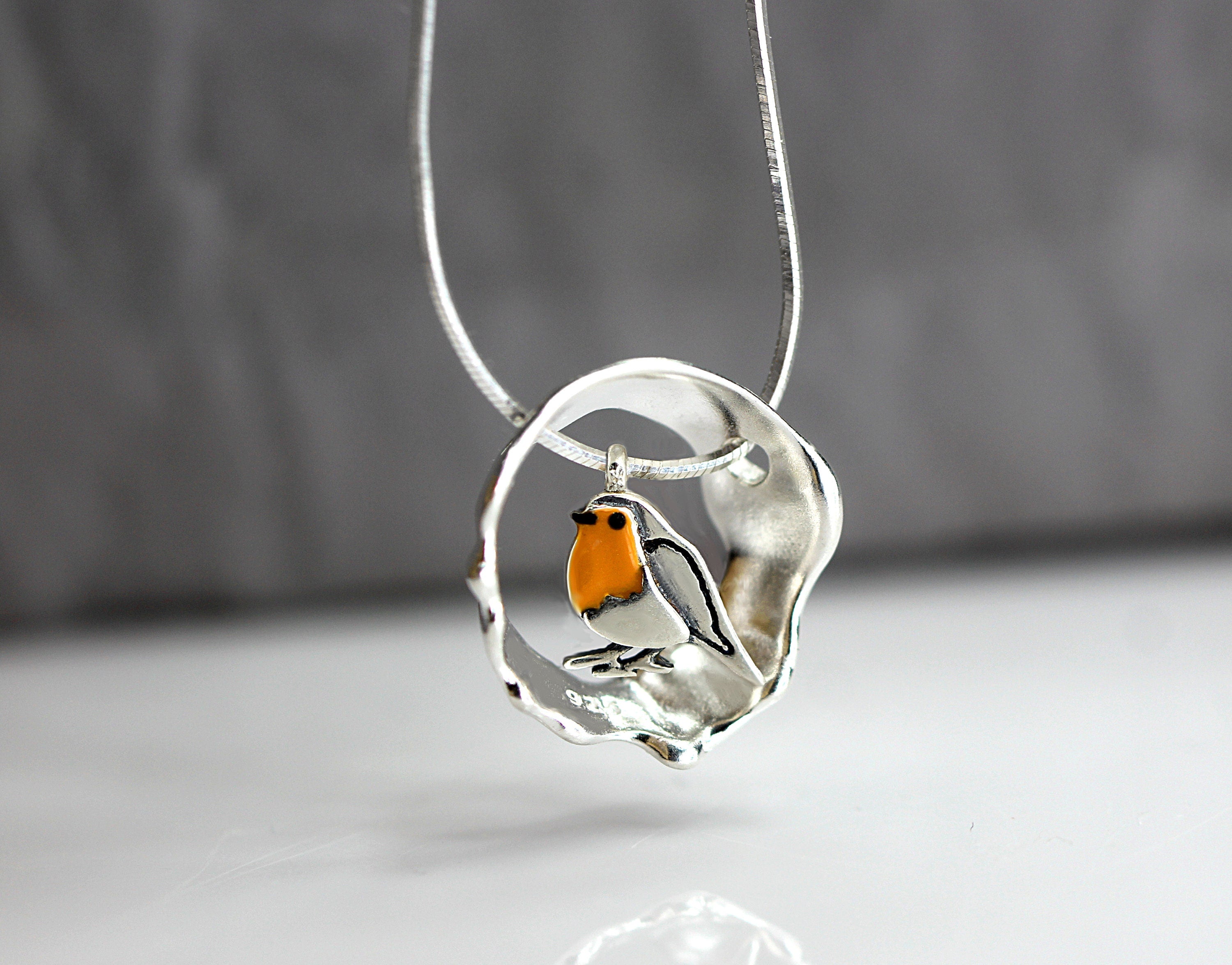Red Robin bird necklace. Sterling silver and enamel. Nature inspired unique necklace for her.