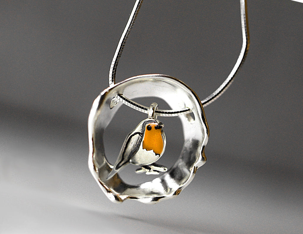 Red Robin bird necklace. Sterling silver and enamel. Nature inspired unique necklace for her.