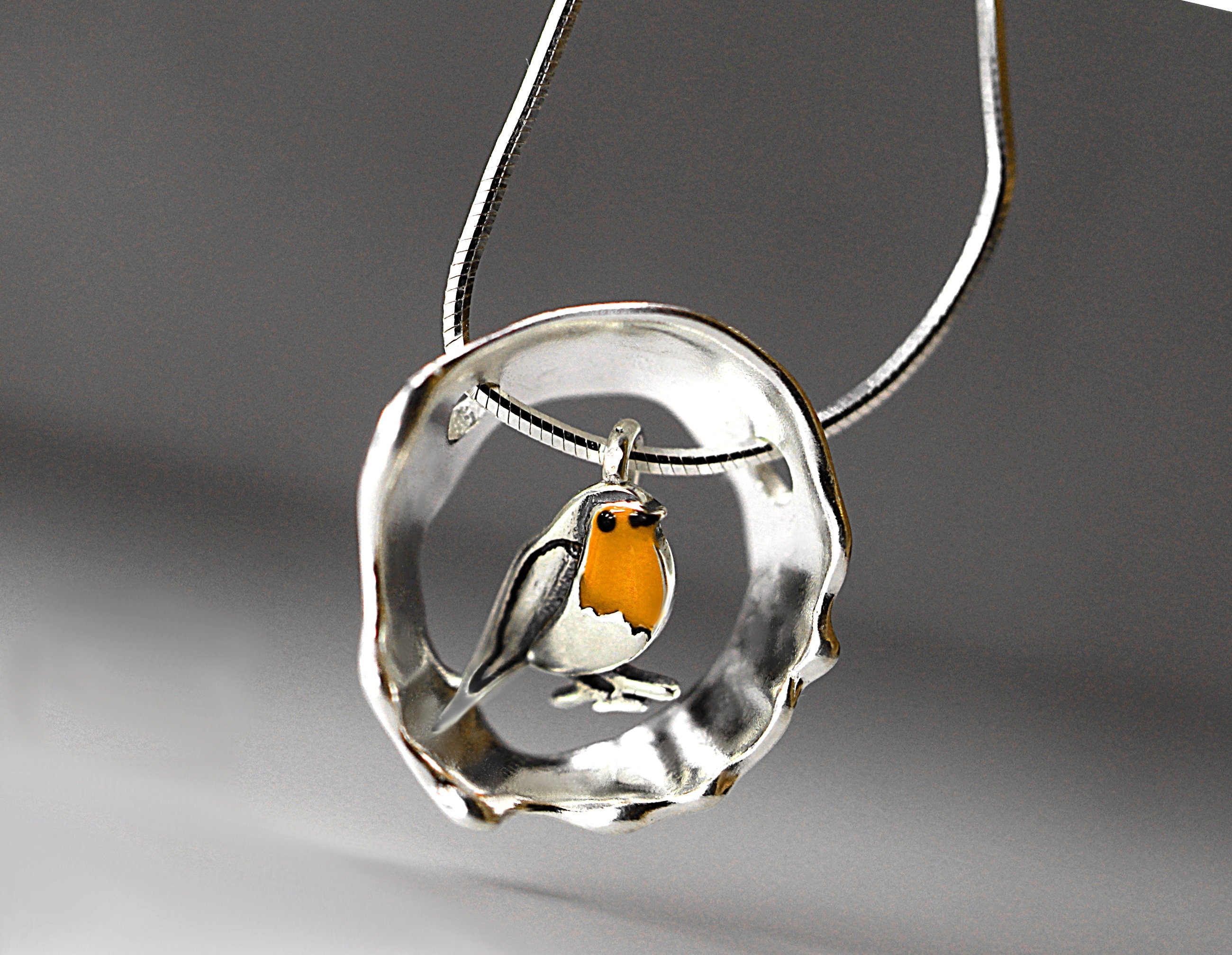 Red Robin bird necklace. Sterling silver and enamel. Nature inspired unique necklace for her.