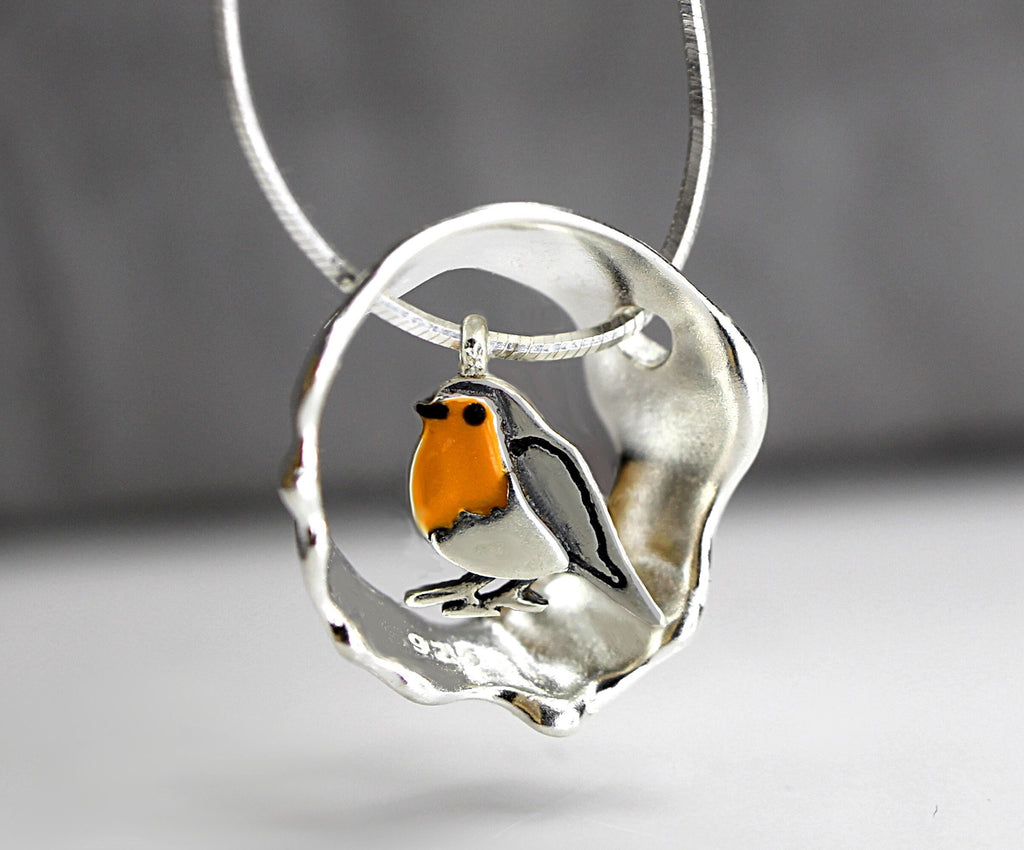 Red Robin bird necklace. Sterling silver and enamel. Nature inspired unique necklace for her.