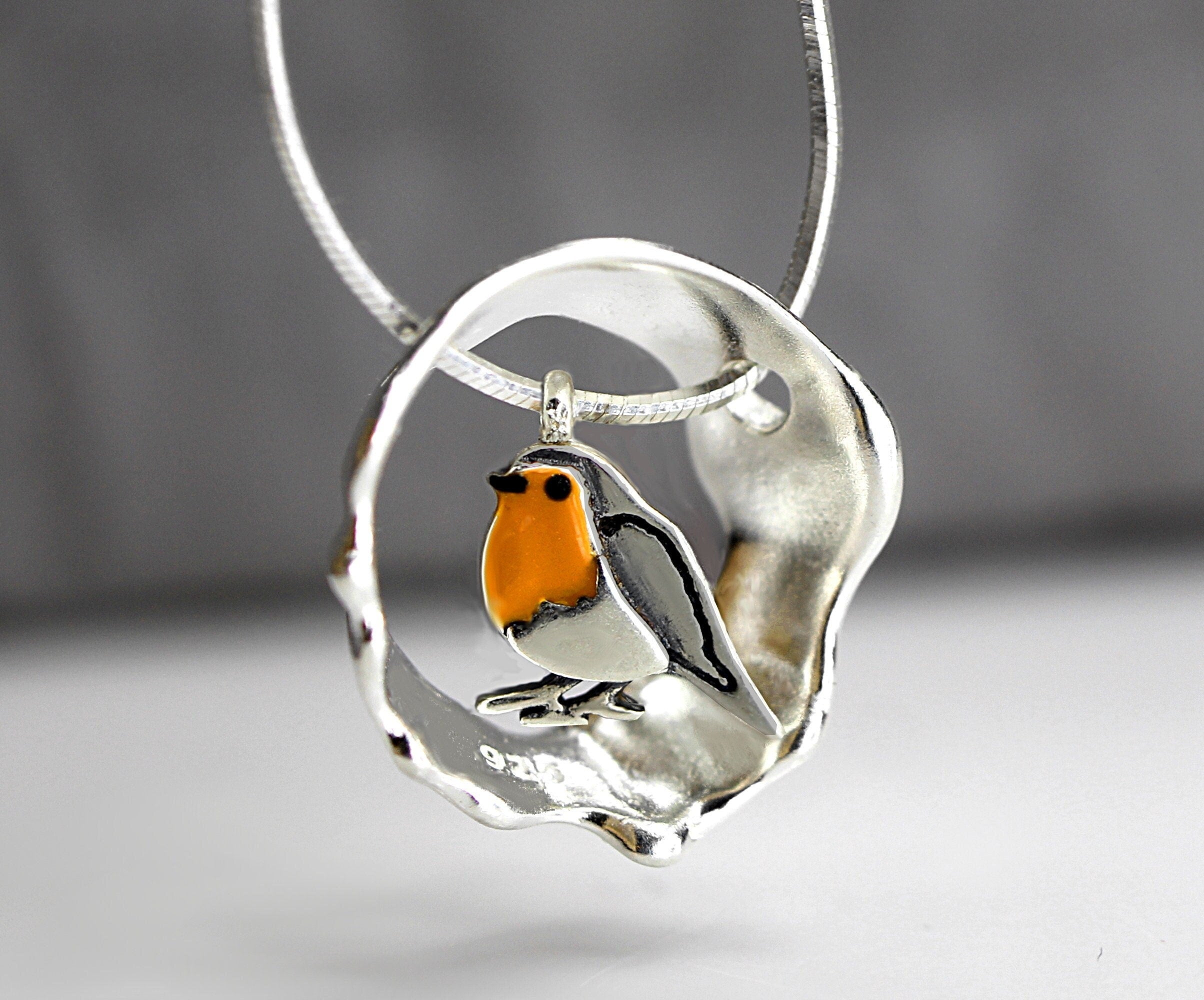 Red Robin bird necklace. Sterling silver and enamel. Nature inspired unique necklace for her.
