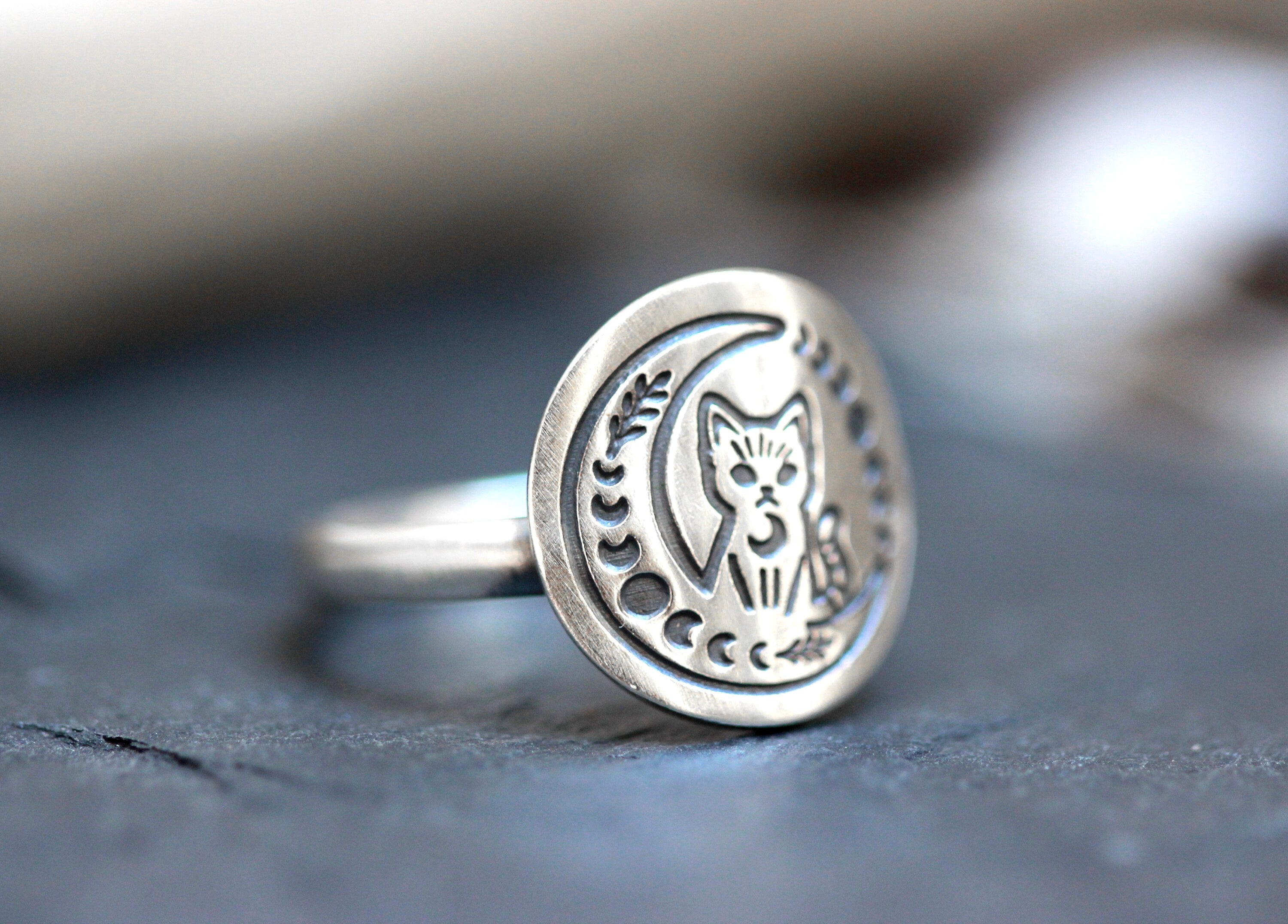 Sterling Silver Cat Ring Celestial Cat Ring Moon Phase Ring Mystic Style Moon Cat Ring Witch Ring Witch Jewelry Witchy Rings Cat Rings