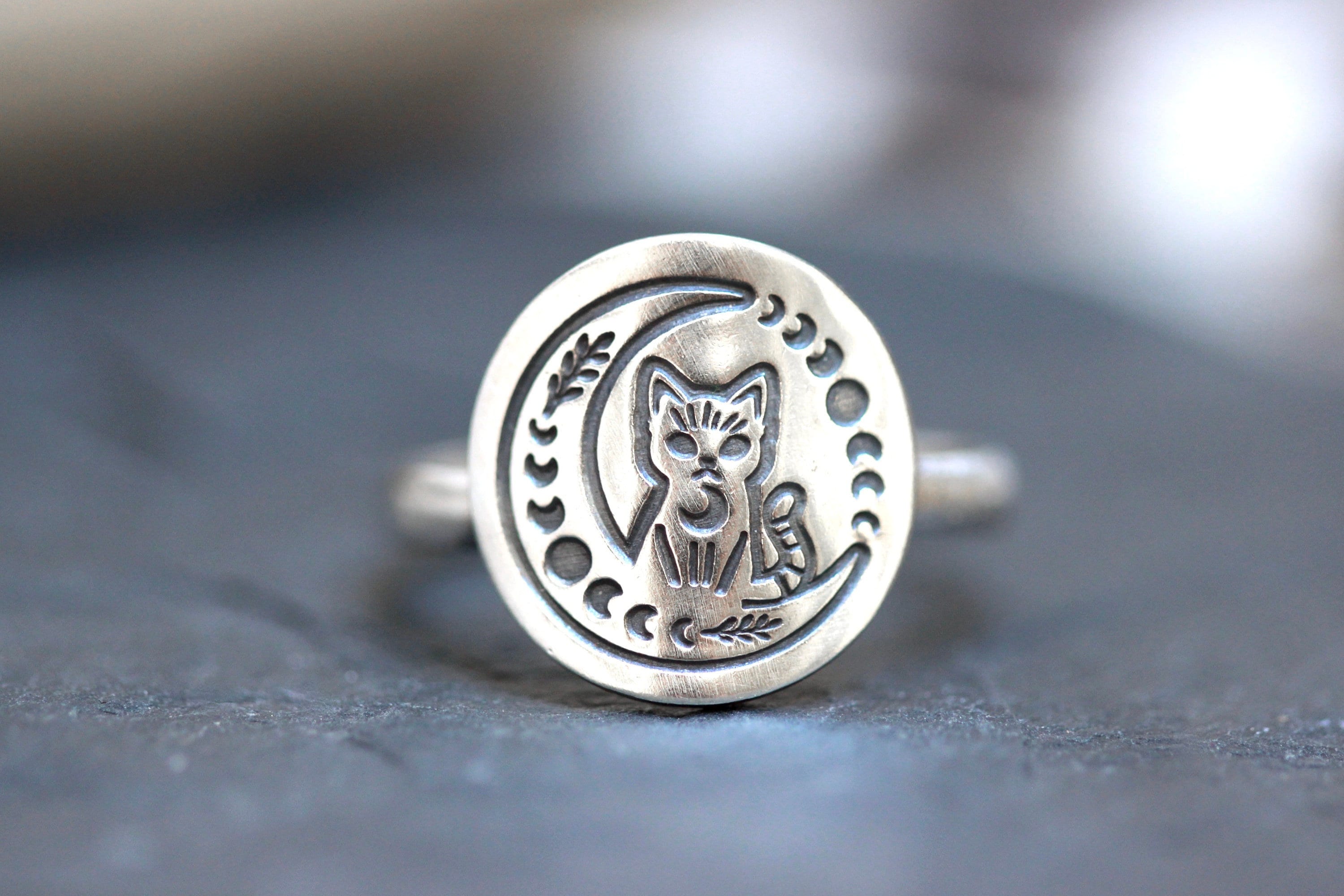 Sterling Silver Cat Ring Celestial Cat Ring Moon Phase Ring Mystic Style Moon Cat Ring Witch Ring Witch Jewelry Witchy Rings Cat Rings
