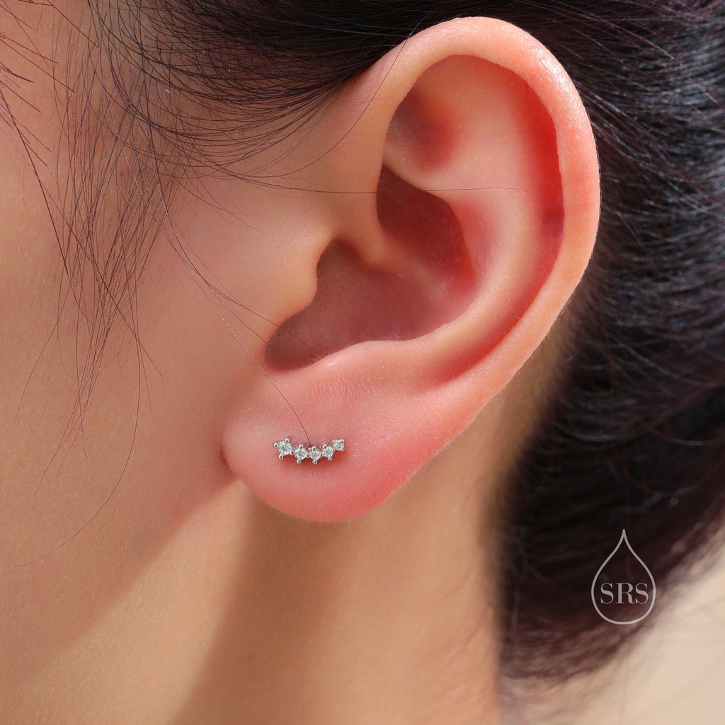 Extra Tiny Shooting Star CZ Stud Earrings in Sterling Silver, Silver or Gold, Curved CZ Bar Earrings, Stacking Earrings