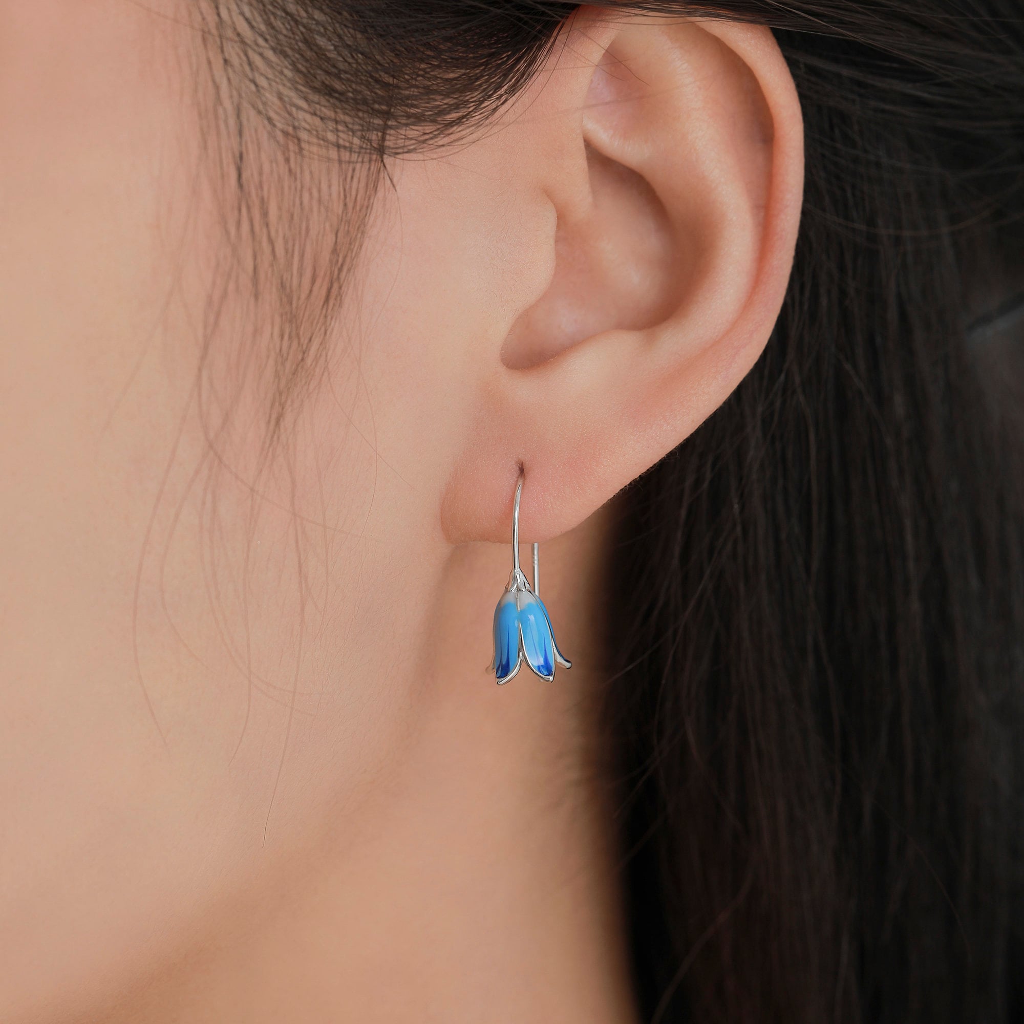 Sterling Silver Enamel Bluebell Flower Drop Hook Earrings