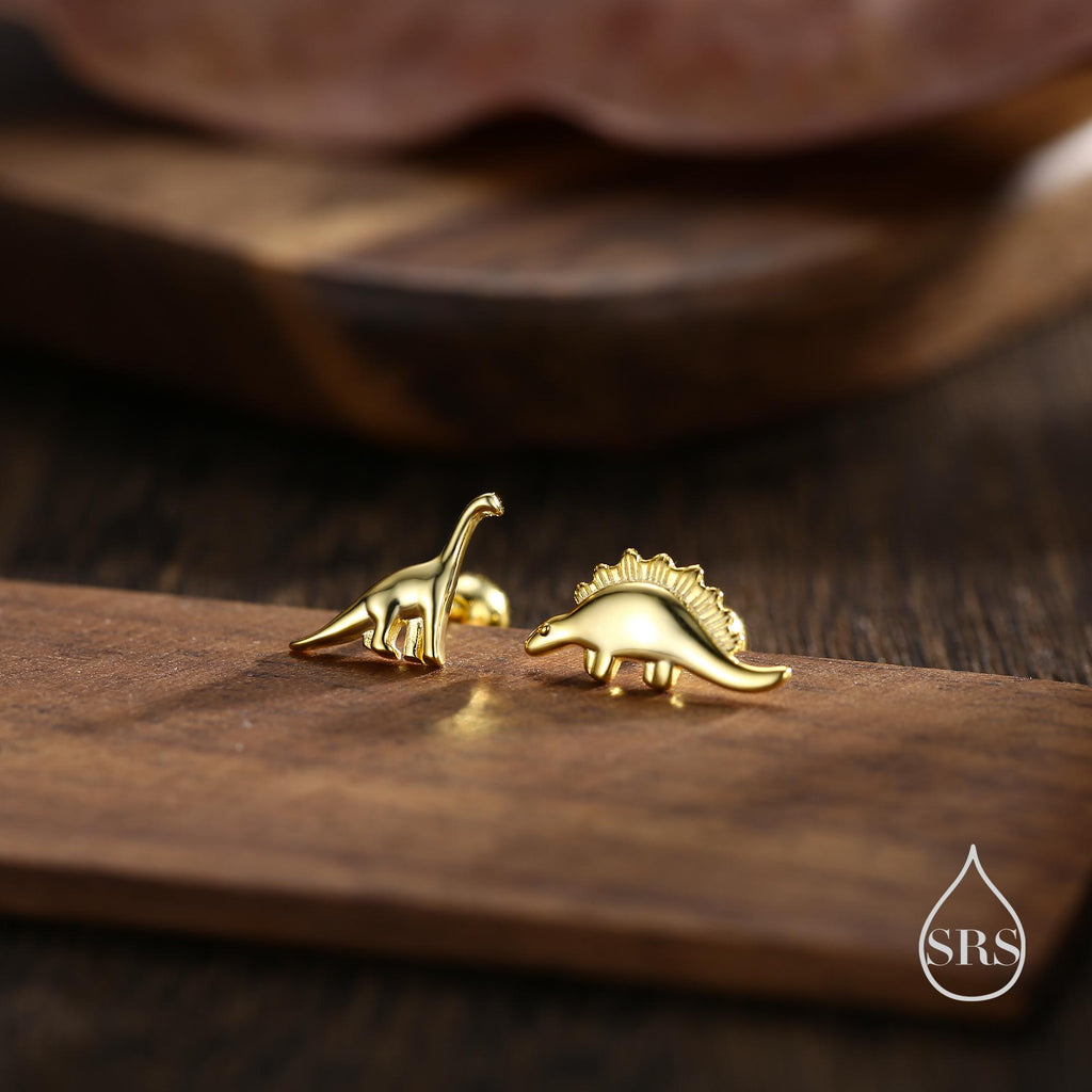 Tiny Mismatched Dinosaur Stud Earrings in Sterling Silver, Silver, Gold or Rose Gold, Asymmetric Stegosaurus and Brachiosaurus Dino Earrings