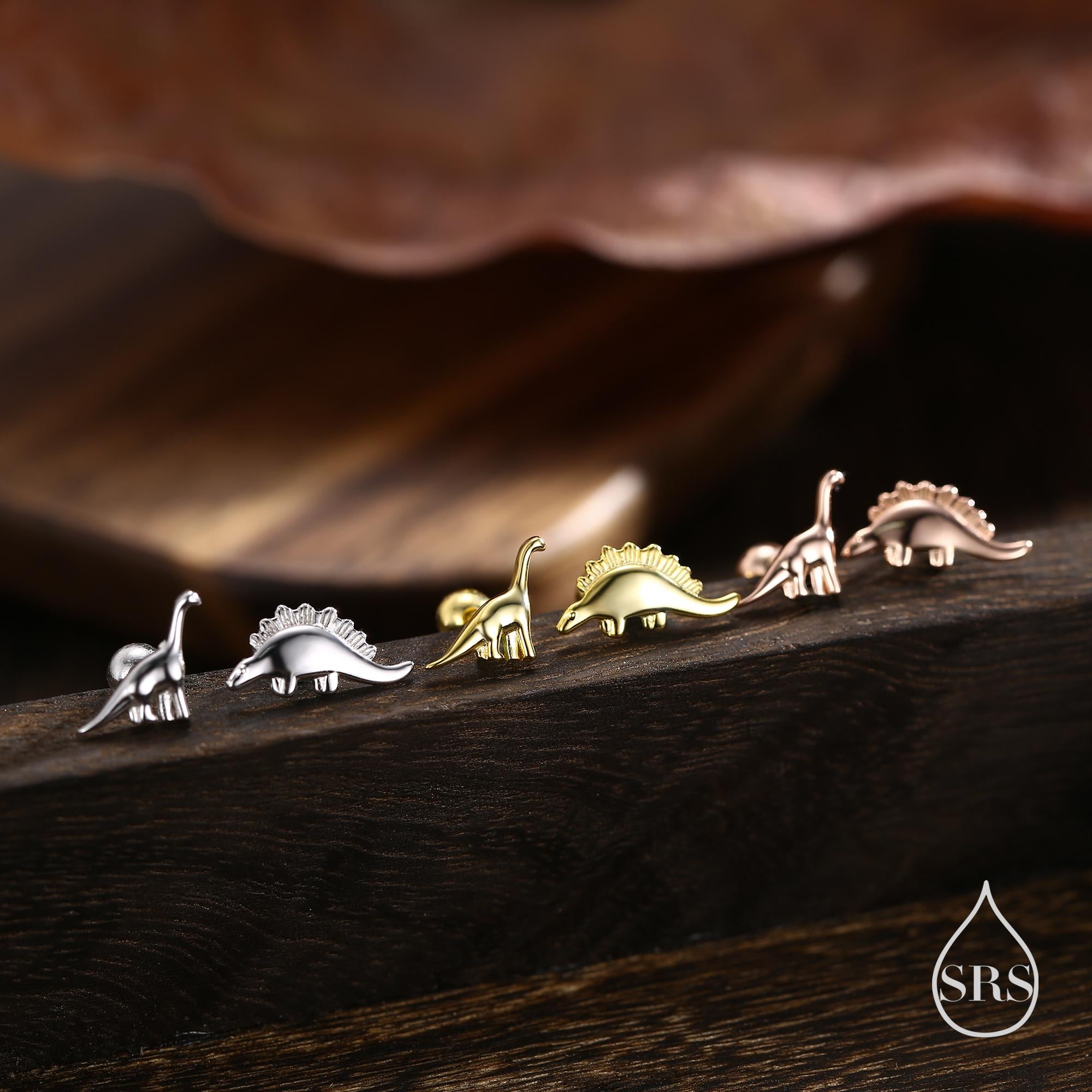 Tiny Mismatched Dinosaur Stud Earrings in Sterling Silver, Silver, Gold or Rose Gold, Asymmetric Stegosaurus and Brachiosaurus Dino Earrings