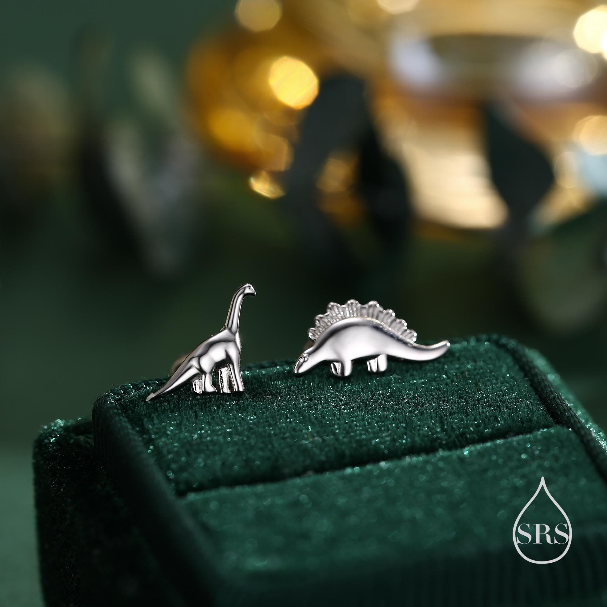 Tiny Mismatched Dinosaur Stud Earrings in Sterling Silver, Silver, Gold or Rose Gold, Asymmetric Stegosaurus and Brachiosaurus Dino Earrings