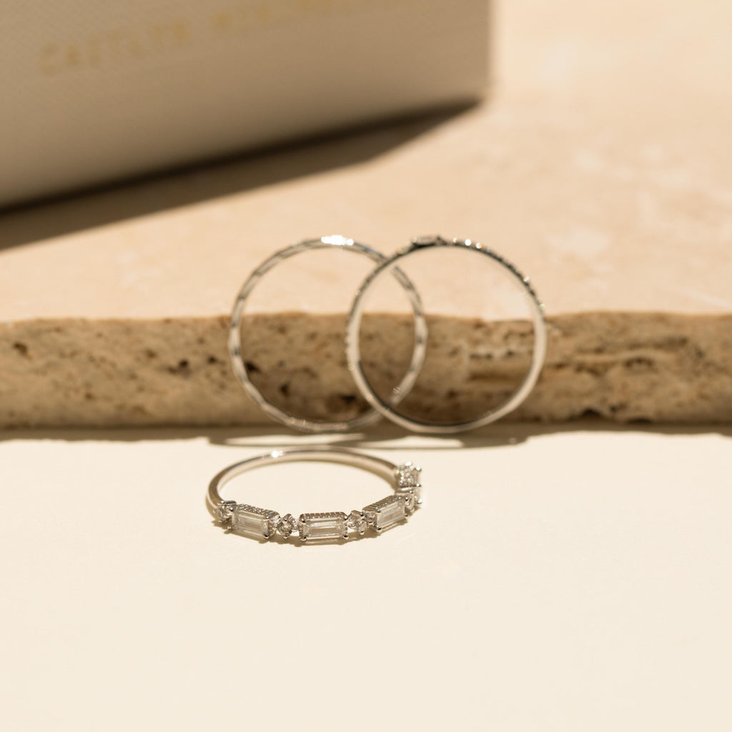 Diamond Ring Set by Caitlyn Minimalist • Set of 3 Dainty Crystal Gemstone Stacking Rings • Silver Bridal Jewelry • Bridesmaid Gift • RR109