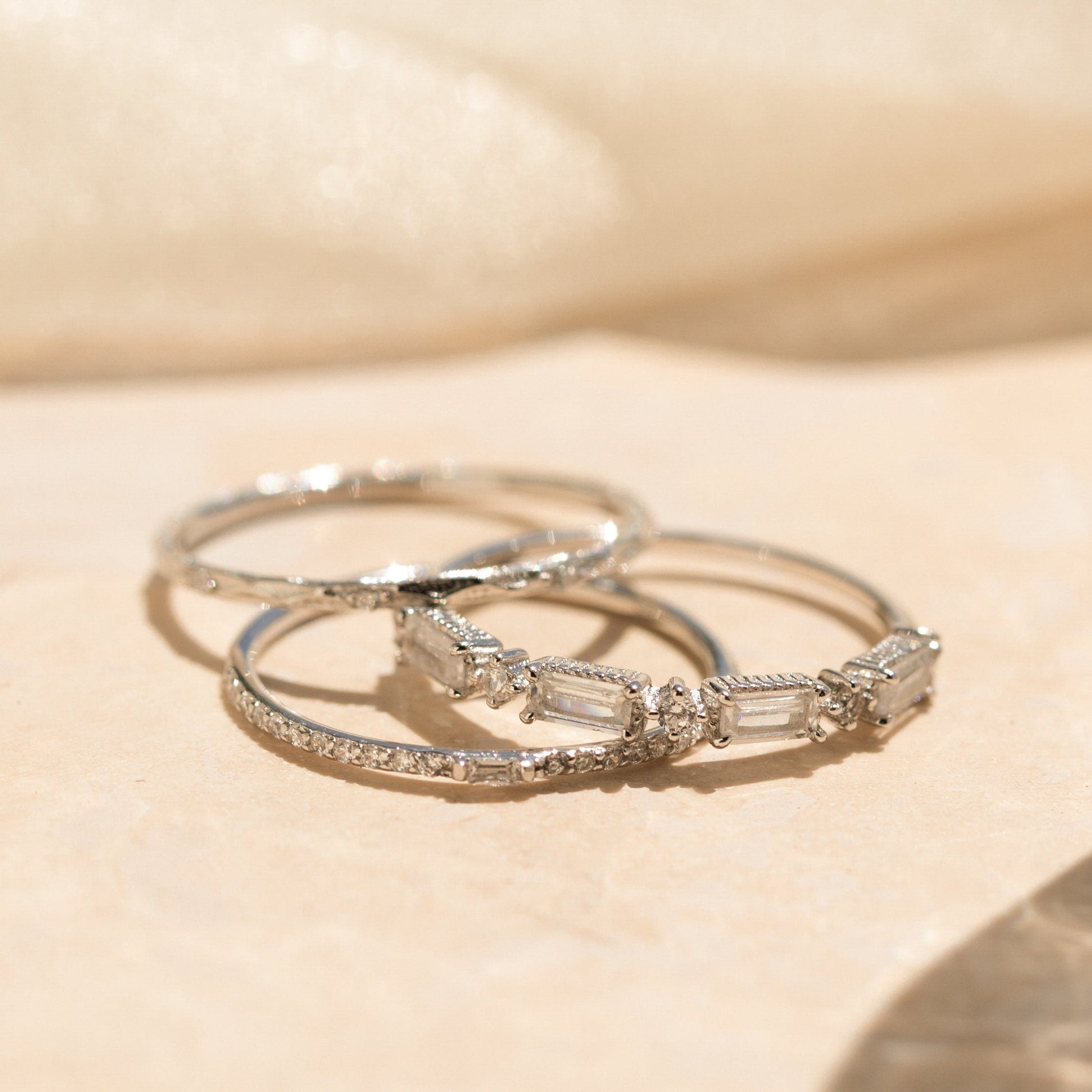 Diamond Ring Set by Caitlyn Minimalist • Set of 3 Dainty Crystal Gemstone Stacking Rings • Silver Bridal Jewelry • Bridesmaid Gift • RR109