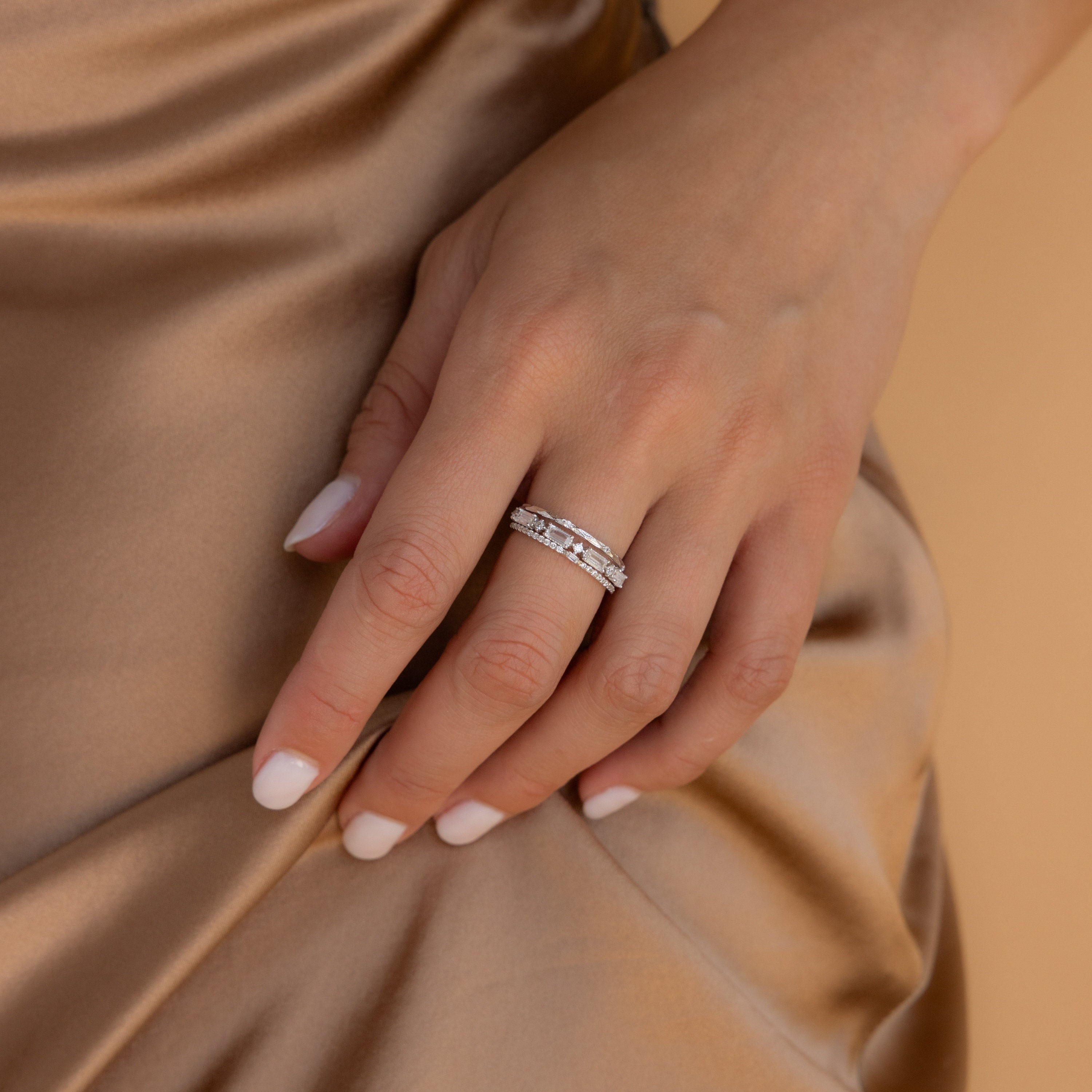 Diamond Ring Set by Caitlyn Minimalist • Set of 3 Dainty Crystal Gemstone Stacking Rings • Silver Bridal Jewelry • Bridesmaid Gift • RR109
