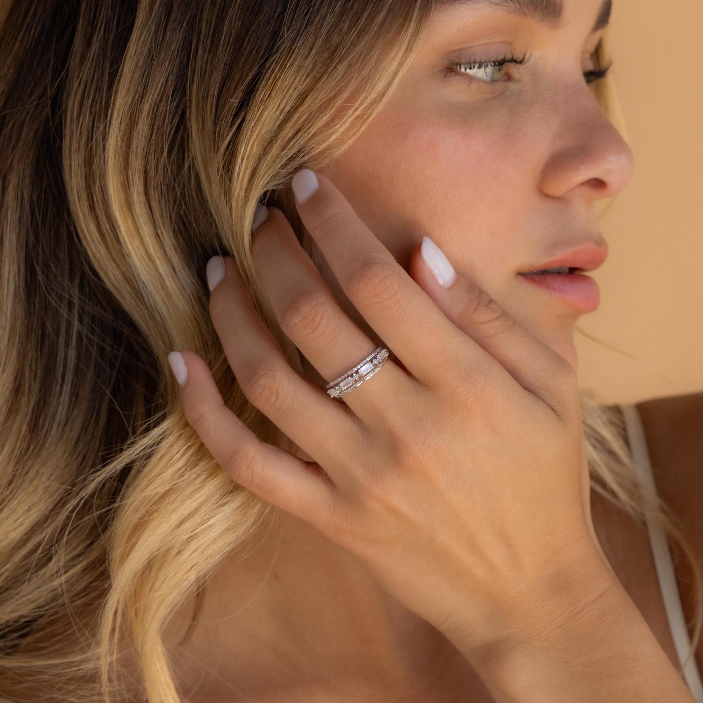 Diamond Ring Set by Caitlyn Minimalist • Set of 3 Dainty Crystal Gemstone Stacking Rings • Silver Bridal Jewelry • Bridesmaid Gift • RR109