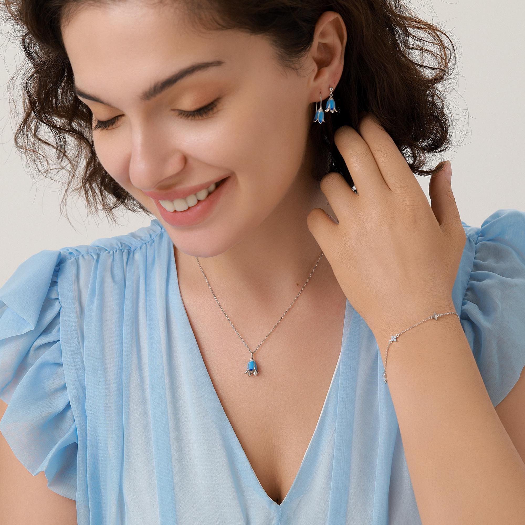 Sterling Silver Enamel Bluebell Flower Drop Hook Earrings