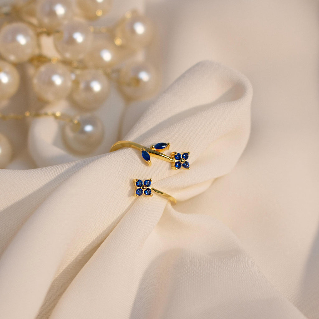 Something Blue Ring 925 Sterling Silver Adjustable Gold Plated, Dainty Gift for Her, Free Size Floral Jewelry