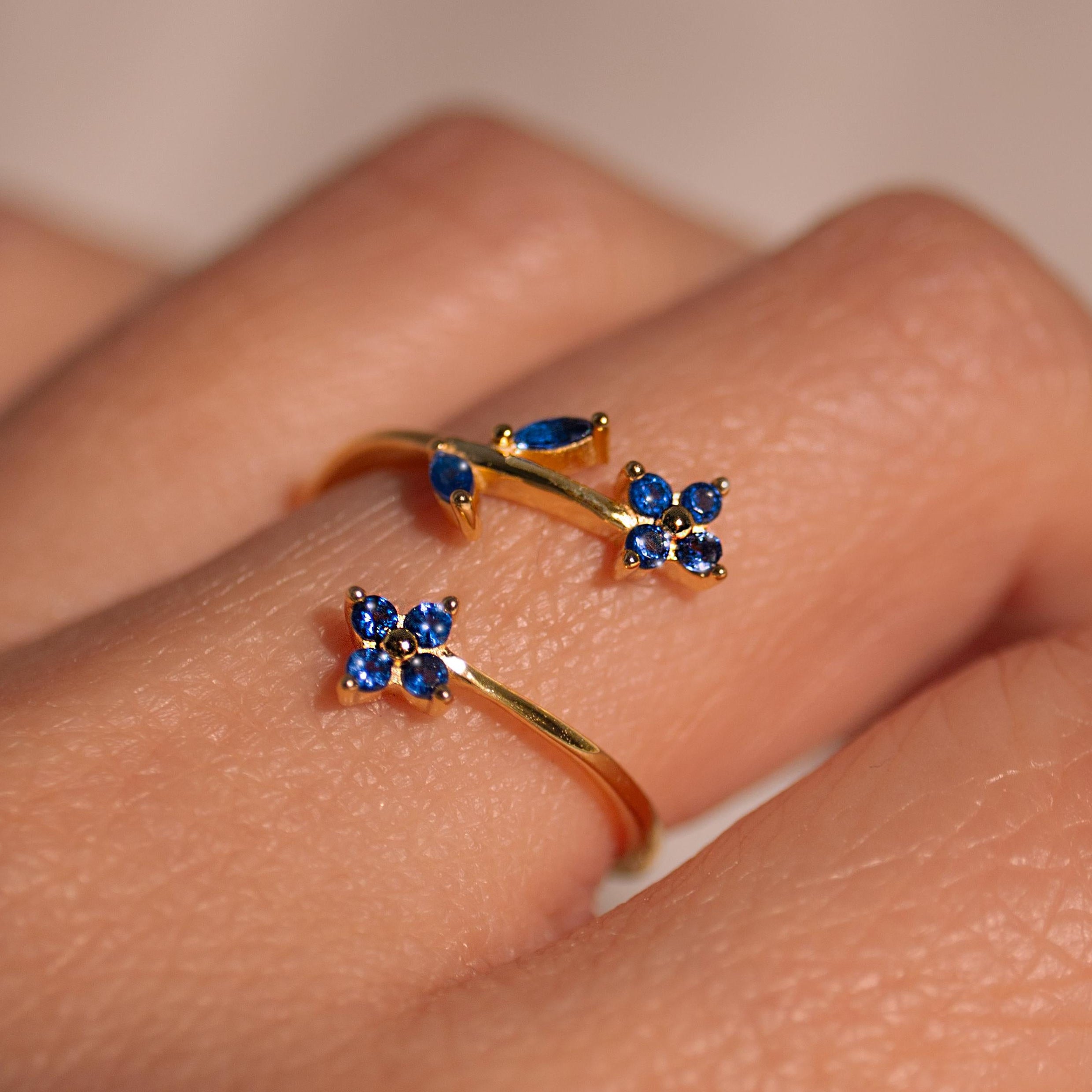 Something Blue Ring 925 Sterling Silver Adjustable Gold Plated, Dainty Gift for Her, Free Size Floral Jewelry